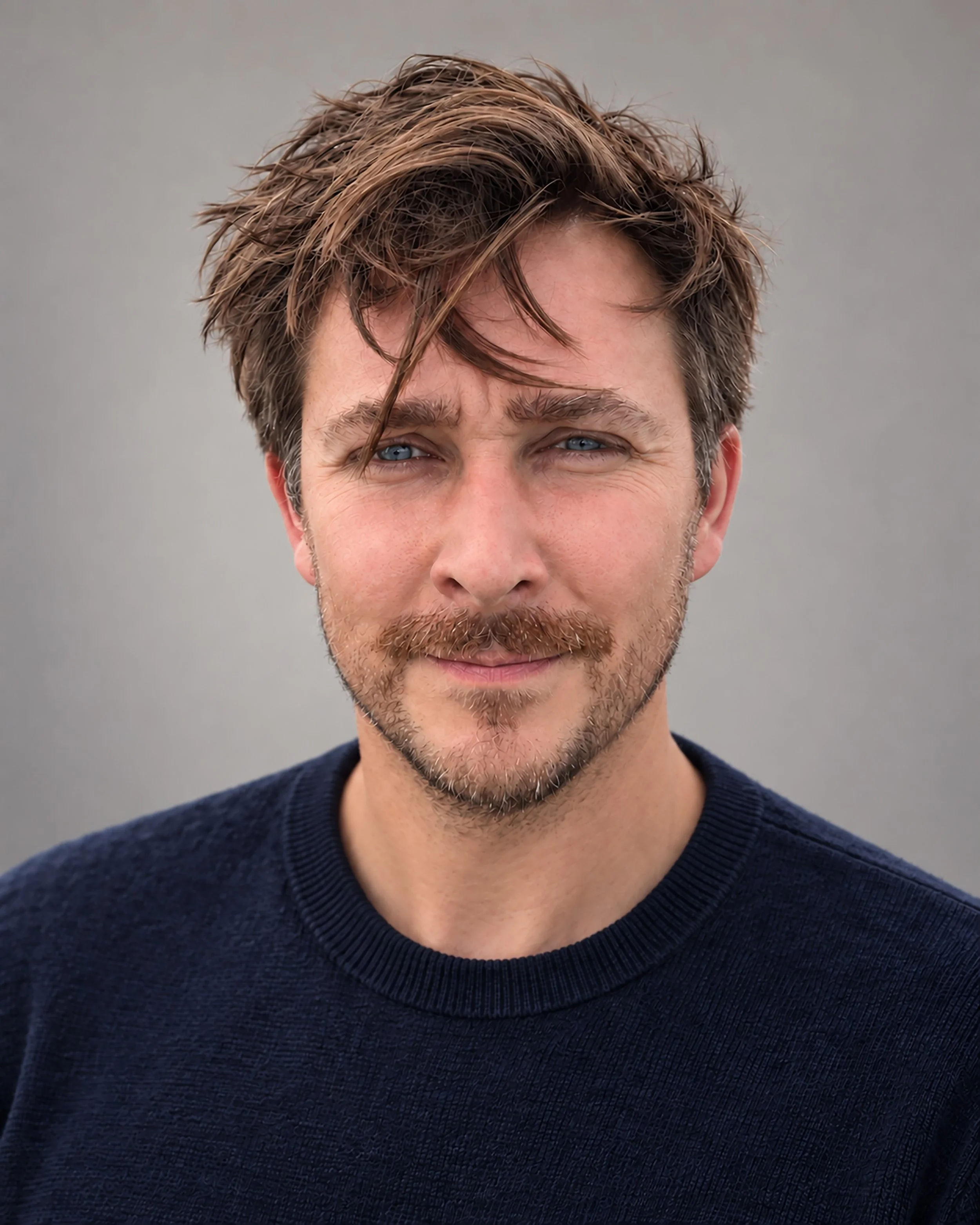 A man holds a film slate in one hand and a walkie-talkie in the other, standing in front of a beige brick wall.