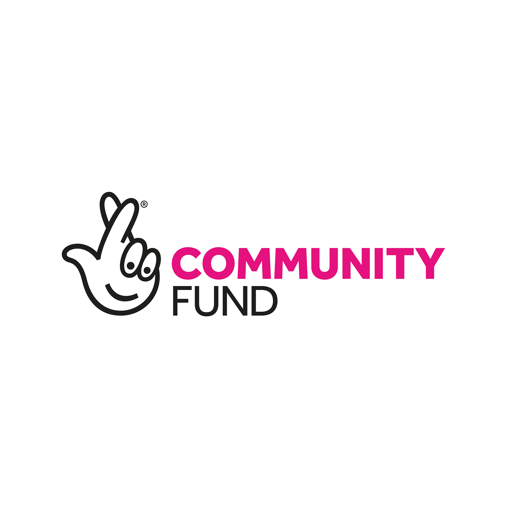Logo for Community Fund featuring a smiling cartoon hand making a finger heart gesture in black and white, with the words 'COMMUNITY FUND' in pink and black.