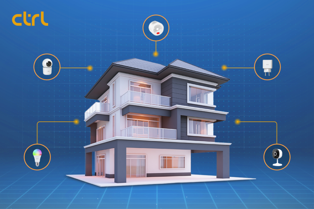 Smart home technology setup with security cameras, smart thermostat, smart light bulb, smart socket, and security alarm interconnected around a modern house.