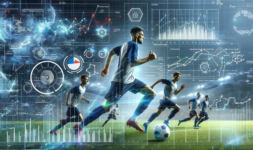 A digital composite image of a soccer team running on a field with holographic analytics and data charts overlayed, illustrating sports performance analysis.