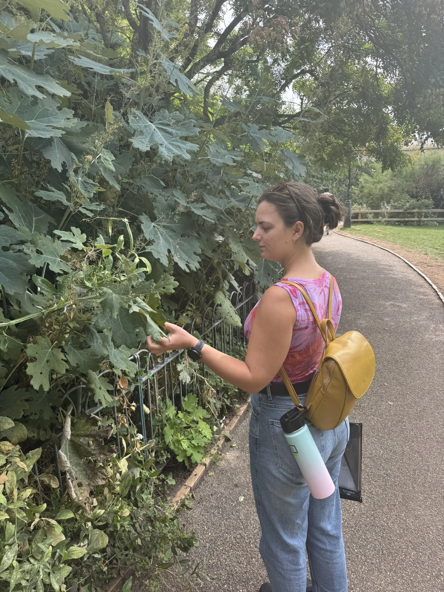 Person balancing on wooden logs in a park playground, surrounded by trees.