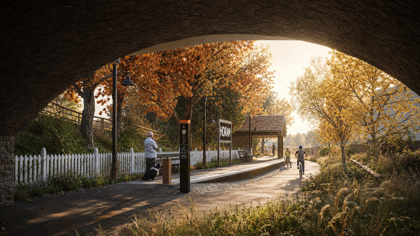 Scenic pathway under a bridge with autumnal trees, bicycles, and a sign reading 'Horam'
