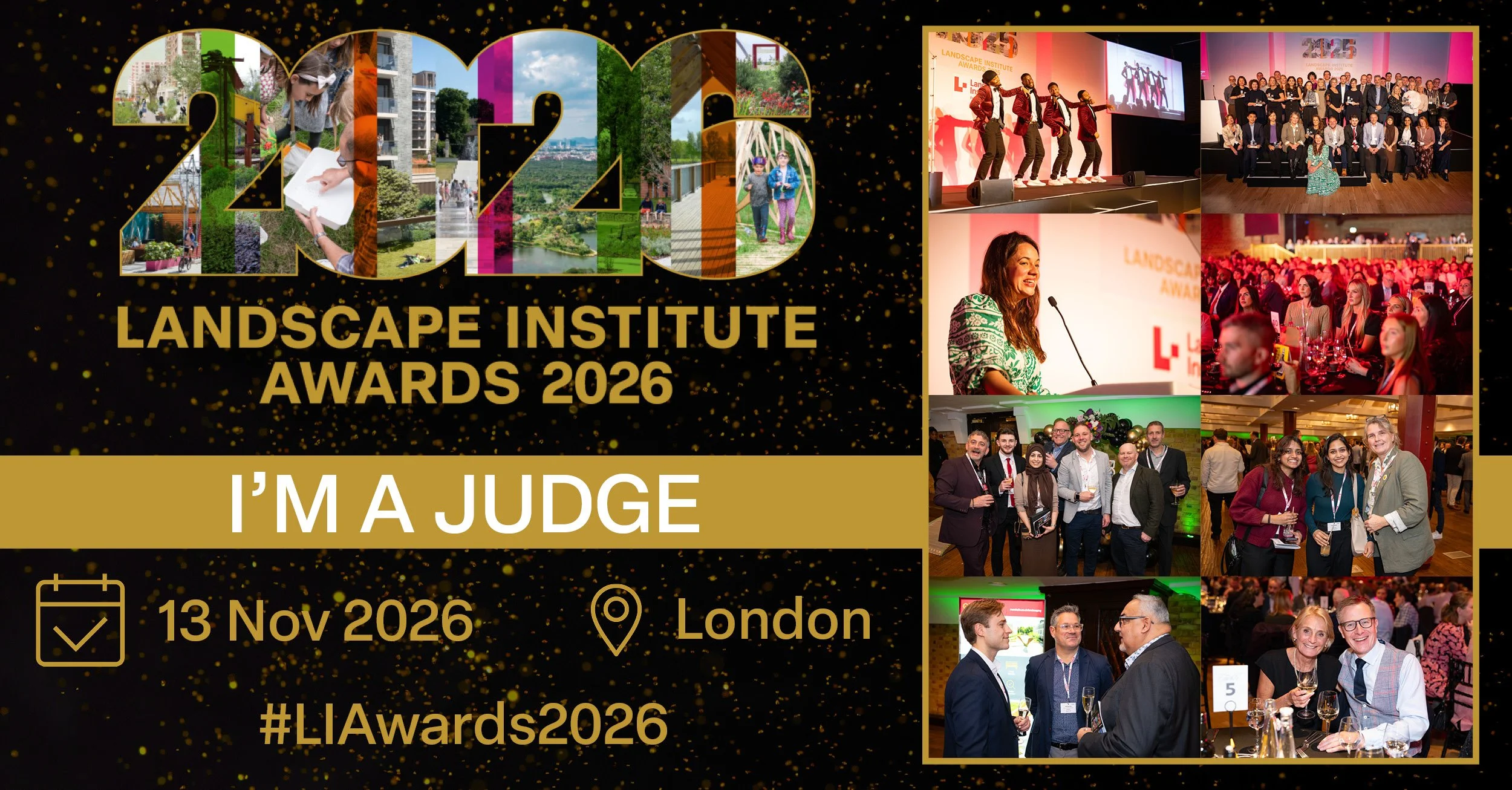 Collage celebrating the Landscape Institute Awards 2026 in London, including images of award ceremonies, group photos of attendees, and event scenes.