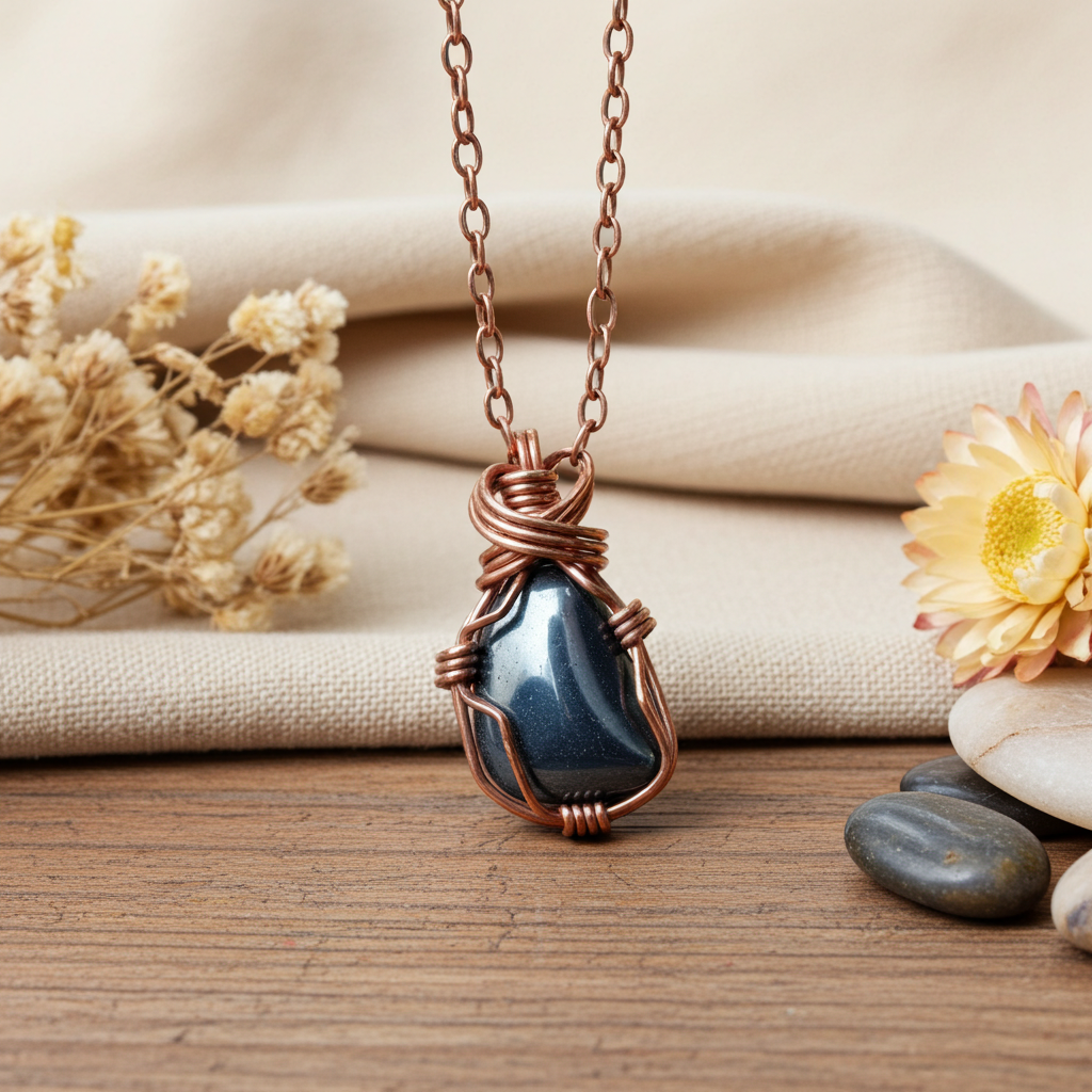 Hematite Heart Necklace - Wire Wrapped in Copper - Root Chakra