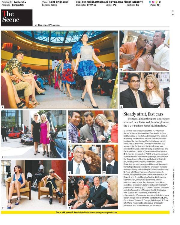 A fashion show at a shopping mall with models walking the runway, while spectators watch. Smaller images show people relaxing, socializing, and enjoying the event and city scenes.