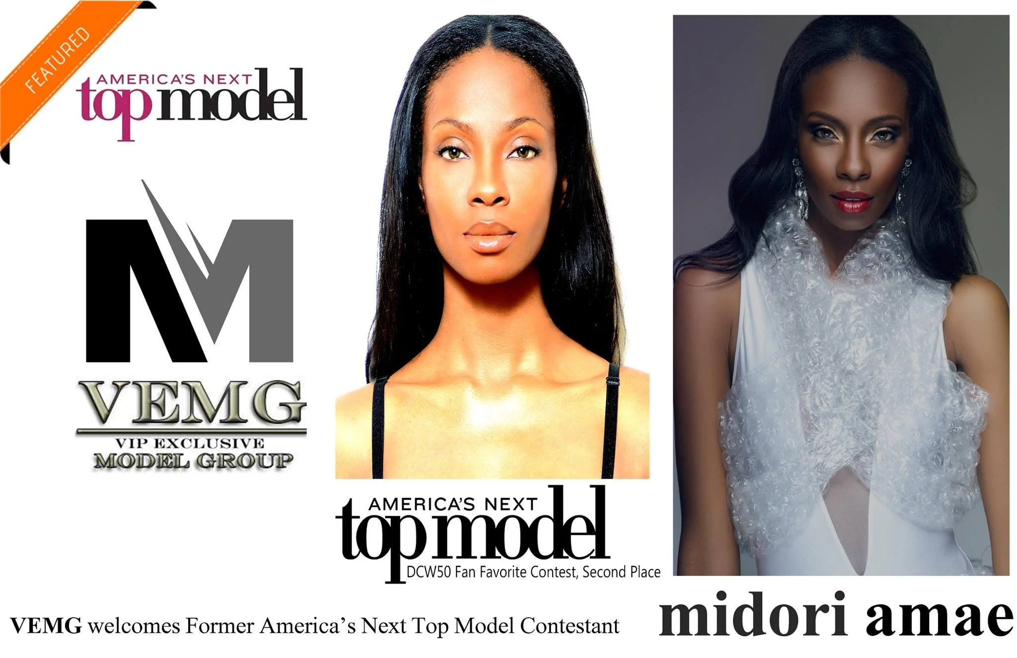 Promotional graphic featuring Midori Amae, a former America's Next Top Model contestant, with her portrait on the right and the show's logo and text on the left. The logo includes the text 'VEMG VIP Exclusive Model Group' and mentions her second-place finish in a fan favorite contest.
