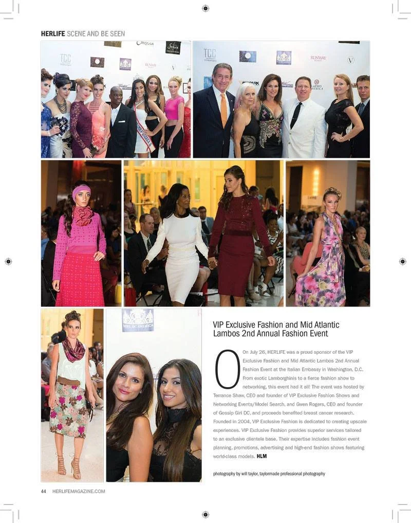 Group photos from the VIP Exclusive Fashion and Mid Atlantic Lambos 2nd Annual Fashion Event, showing models on the runway and attendees at the event.