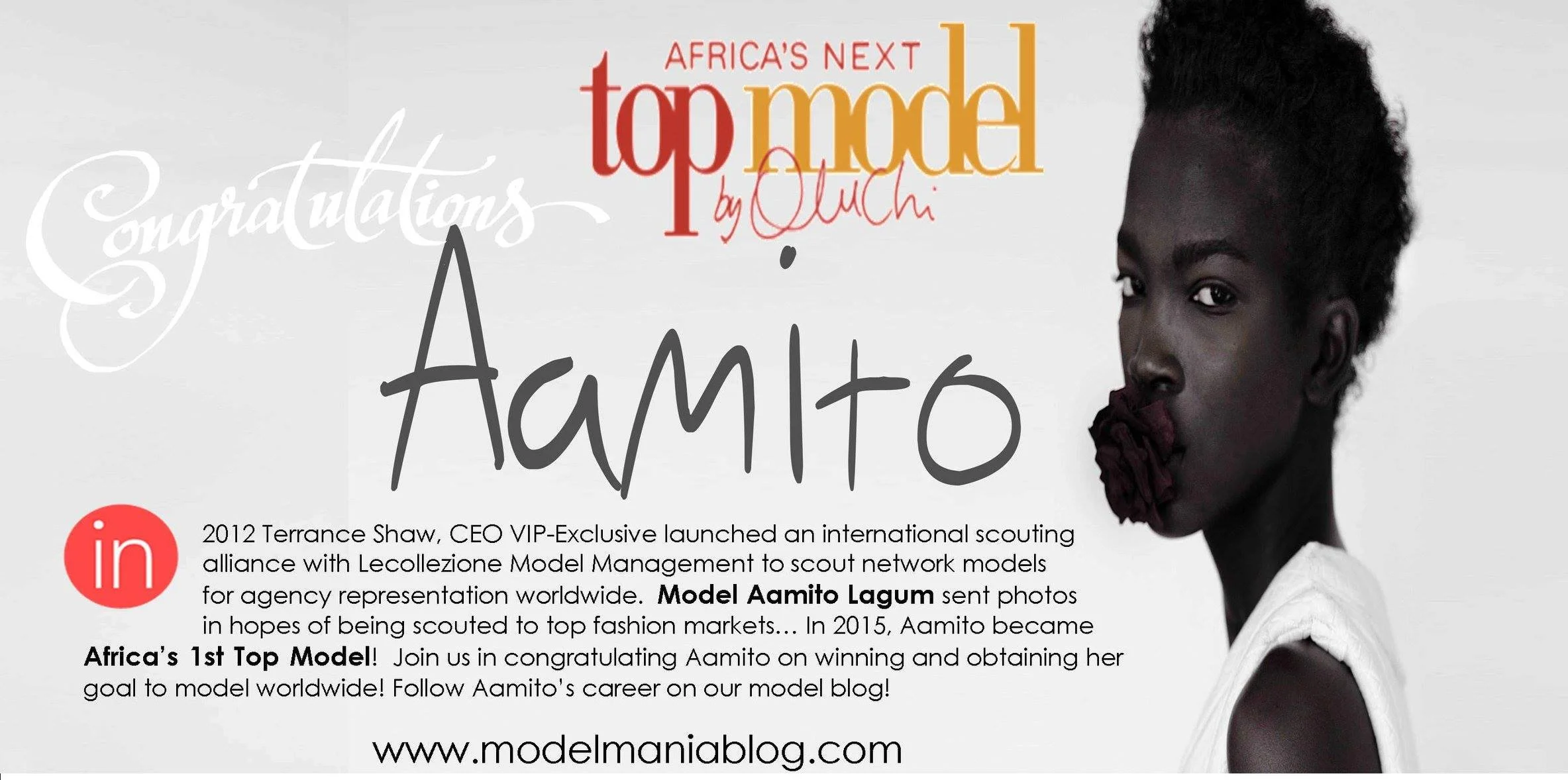 Congratulations message for Aamito, Africa's first top model, with a black woman model wearing a white shirt, looking at the camera with a flower in her mouth, promotional content for a modeling blog.