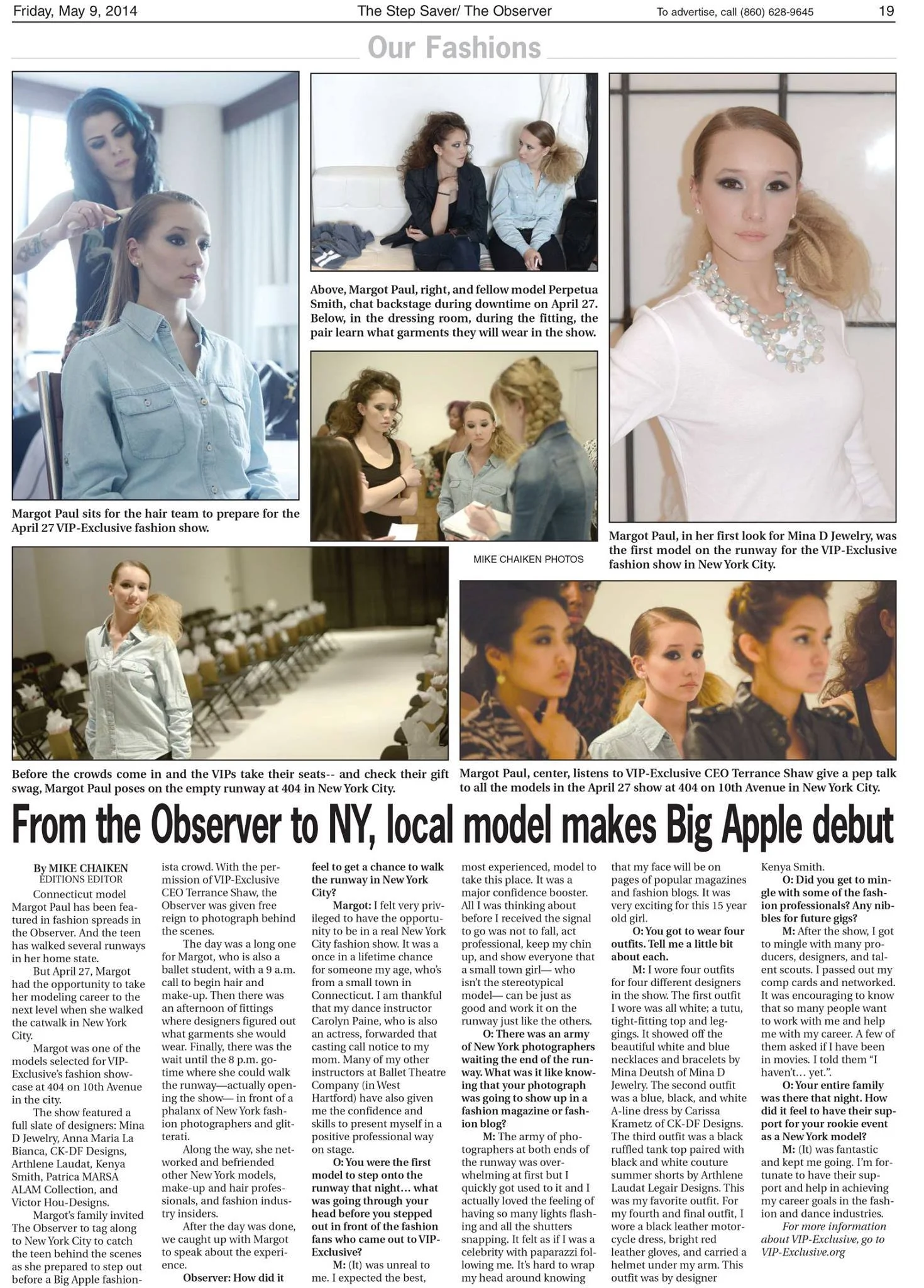 Collage of photos from a fashion show, including models preparing, walking the runway, and speaking at a briefing, with captions describing Margot Paul, a model, and backstage activities.