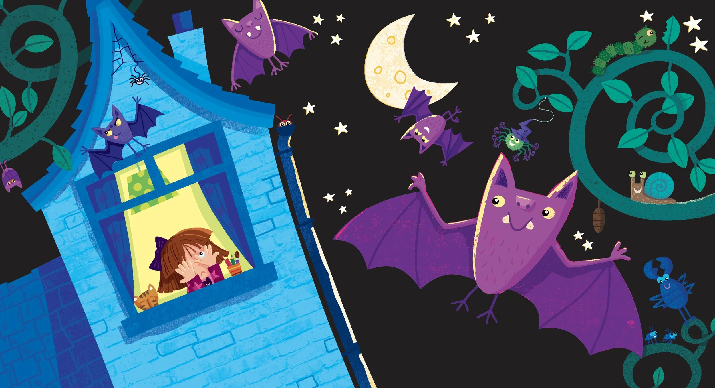 A girl looking out of a window at night, observing flying bats, a dragon, a worm, a snail, and a spider against a dark sky with stars and a crescent moon.
