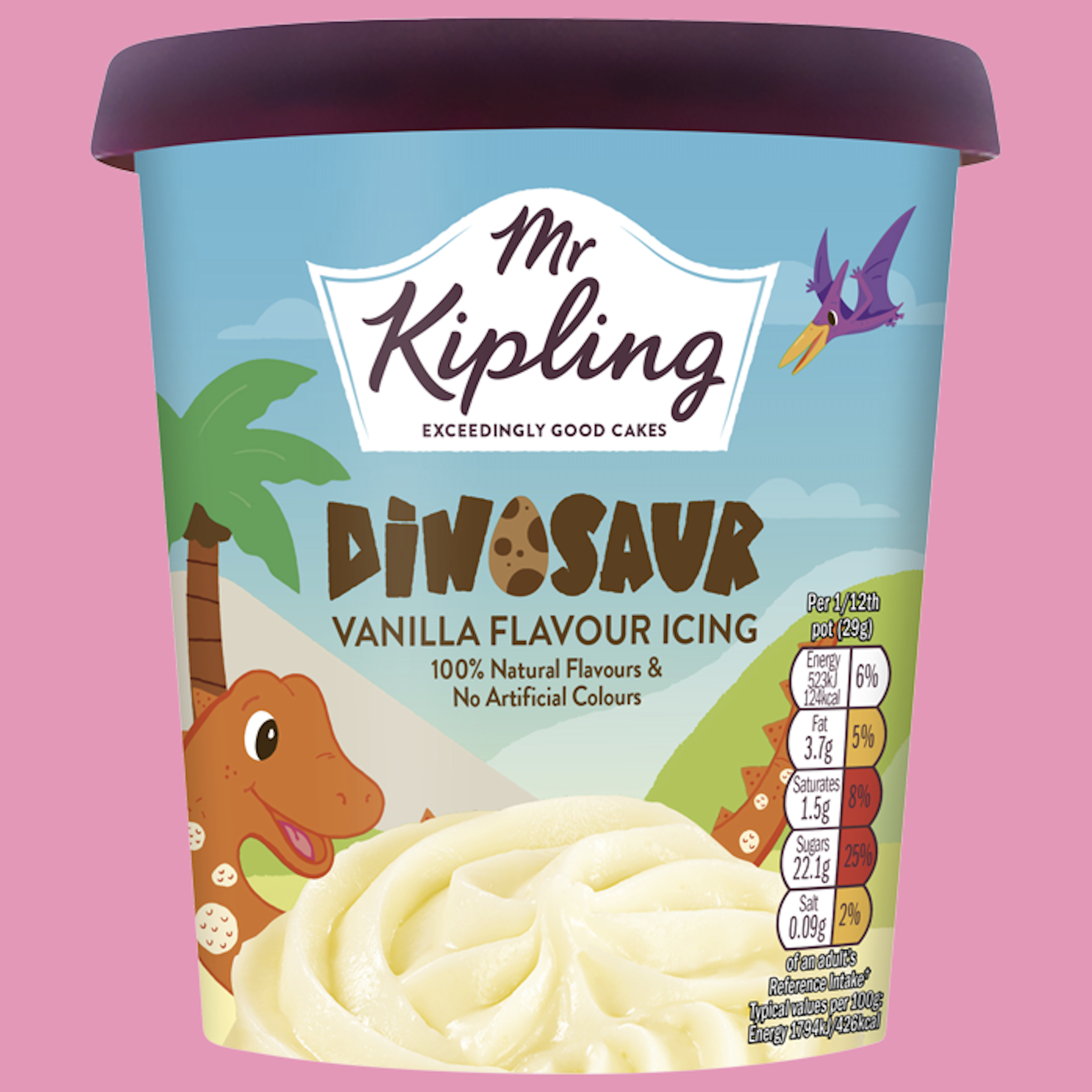 Carton of Mr. Kipling Dinosaur vanilla flavored icing with cartoon dinosaur and landscape illustration.