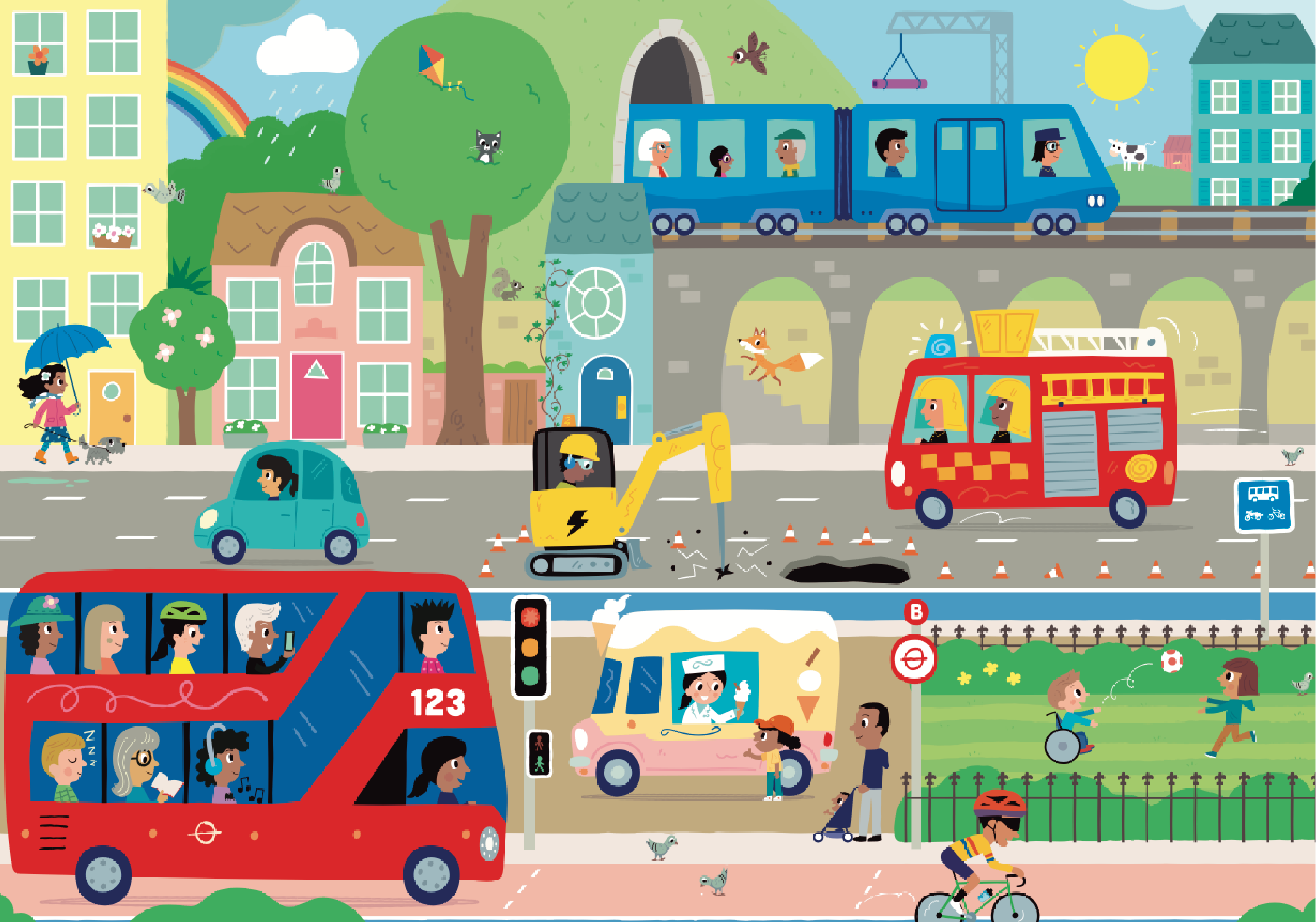 A colorful city street scene with various vehicles, people, and animals. A train and a fire truck are on the roads, alongside a bus, a car, and a construction excavator. Pedestrians are walking, a person is cycling, and children are playing in a park