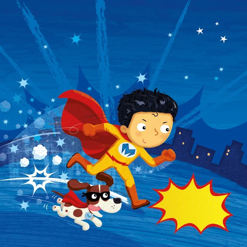 A cartoon boy dressed as a superhero with a red cape, running with his dog, who is wearing a mask and a superhero emblem, on a city street at night with stars and comic-style explosion effects in the background.