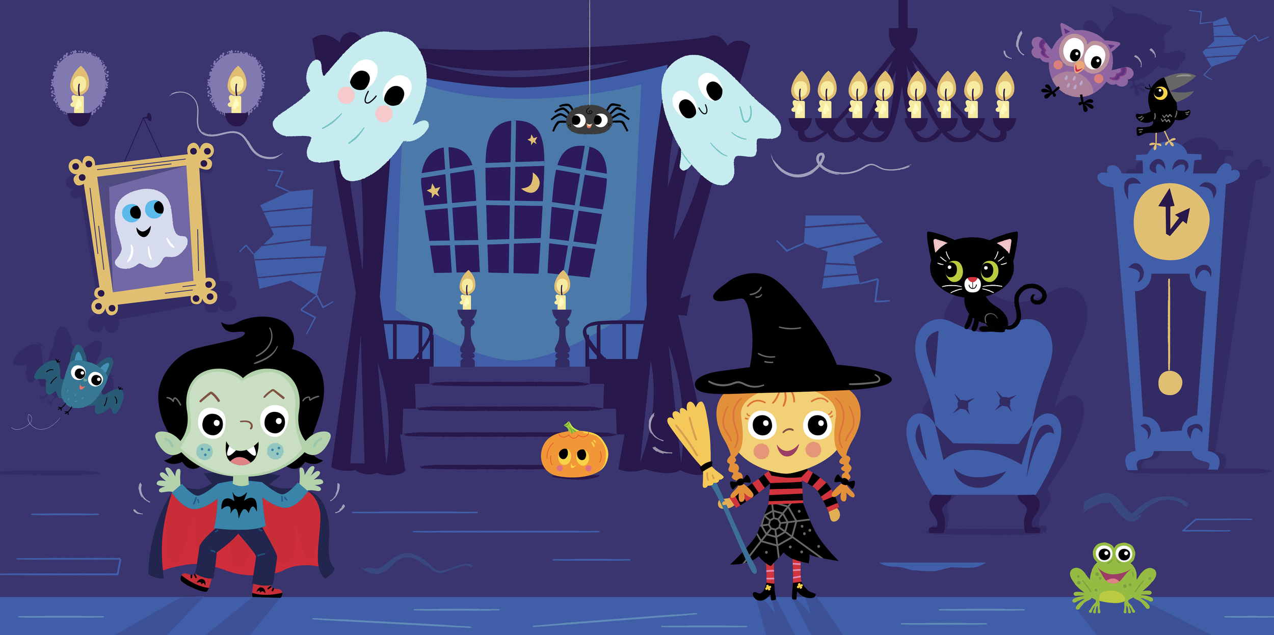 Cartoon Halloween scene with children in costumes, haunted house backdrop, ghosts, bats, spiders, candles, pumpkins, and a clock, all set in a spooky Halloween setting.