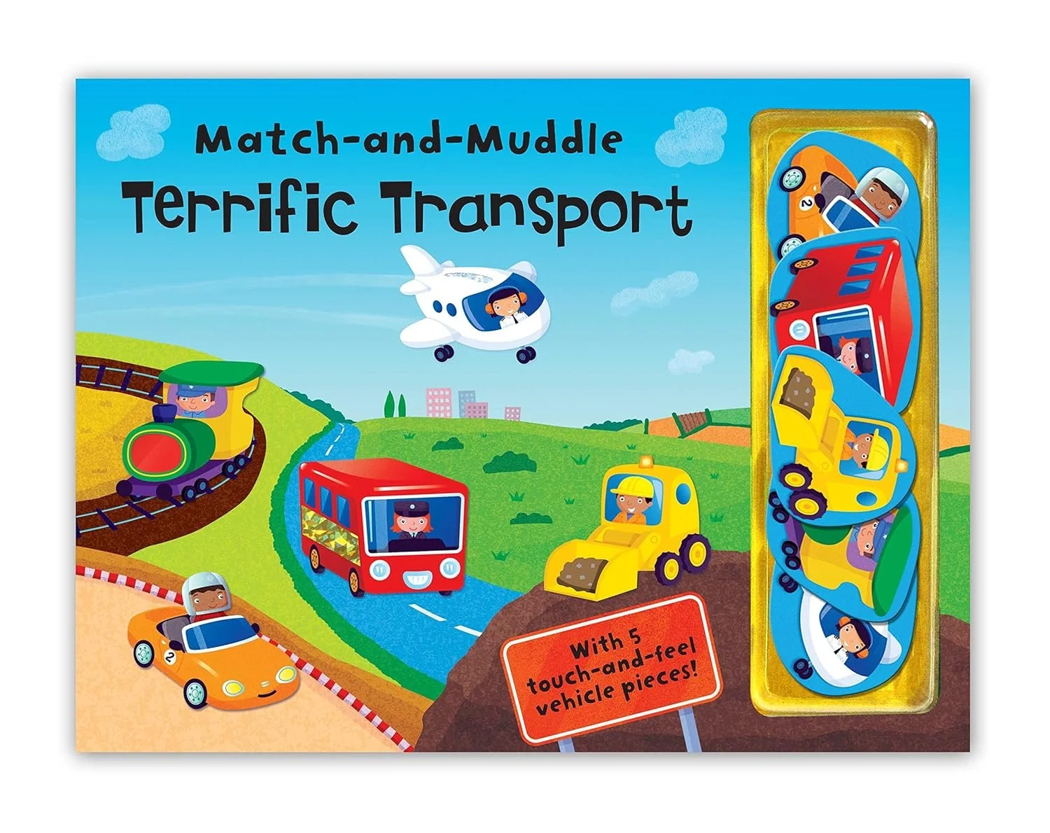 Children's educational toy set called 'Match-and-Muddle Terrific Transport' featuring colorful vehicles and characters on a green and blue background, with five touch-and-feel vehicle pieces.