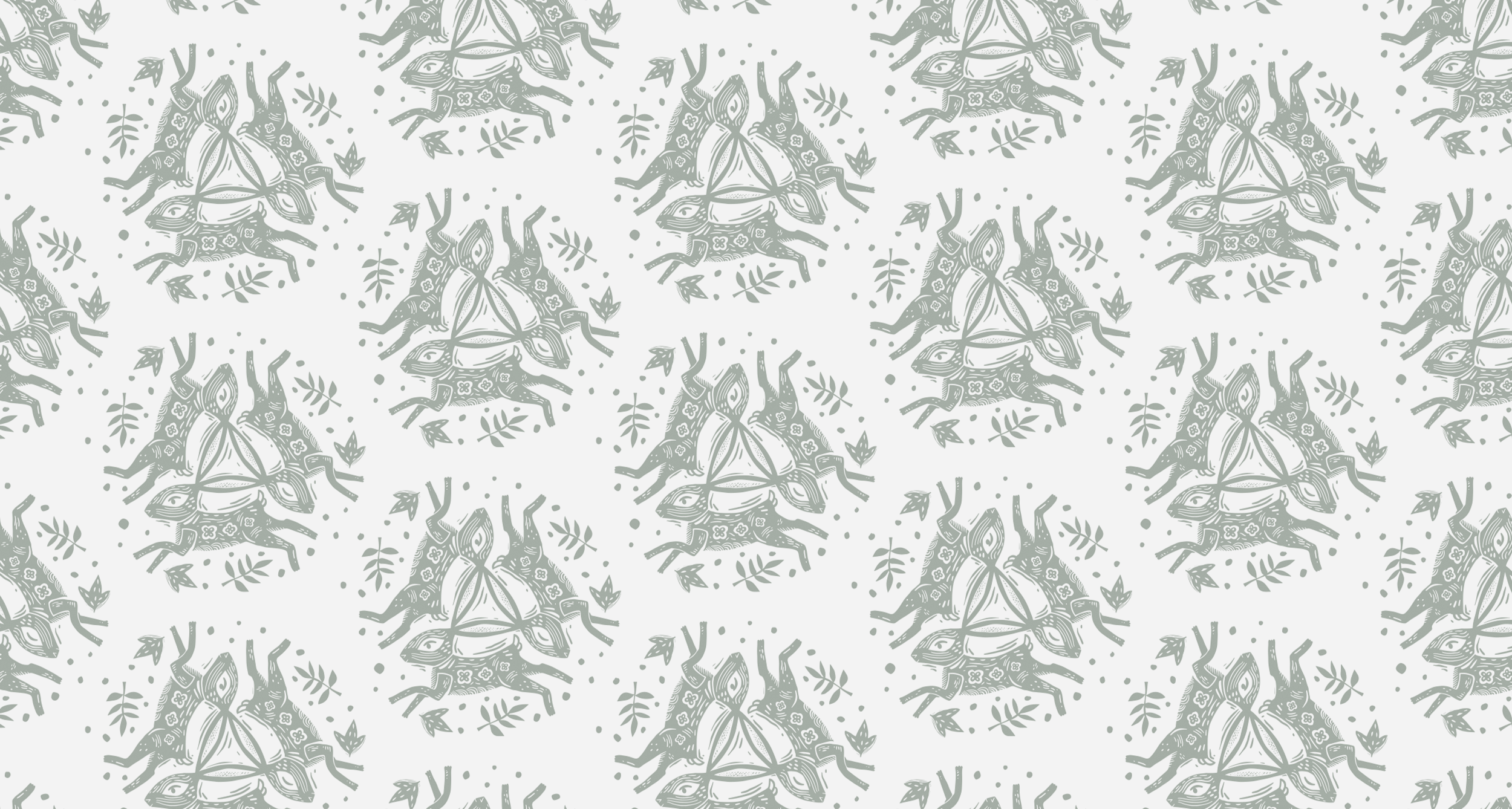 Repeating pattern of stylized deer with antlers and floral details, surrounded by leaves and dotted accents in a monochrome greenish-gray color.