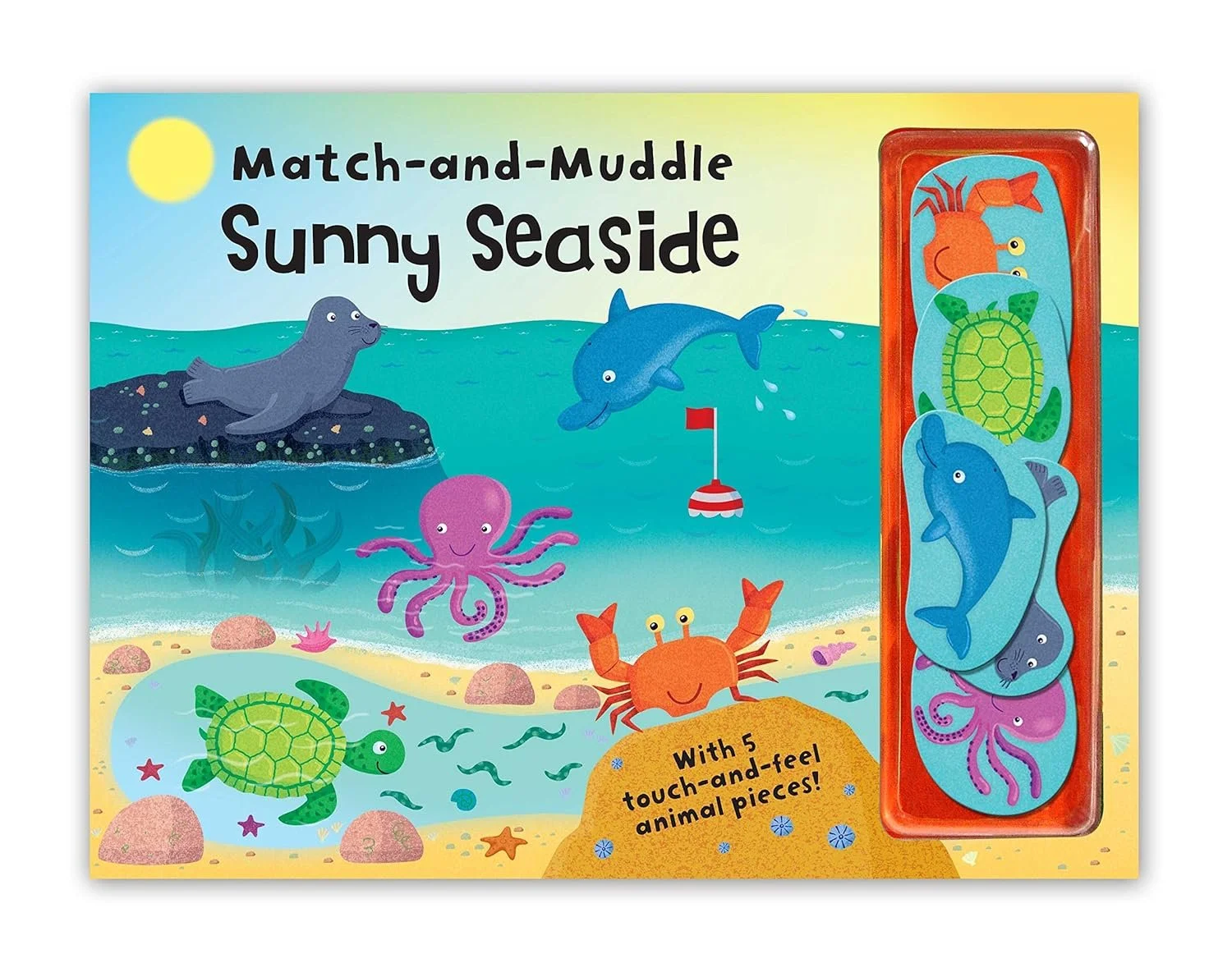 Children's matching toy set titled 'Match-and-Muddle Sunny Seaside' with five animal pieces including a crab, turtle, dolphin, octopus, and lobster, and a colorful seaside illustration background.
