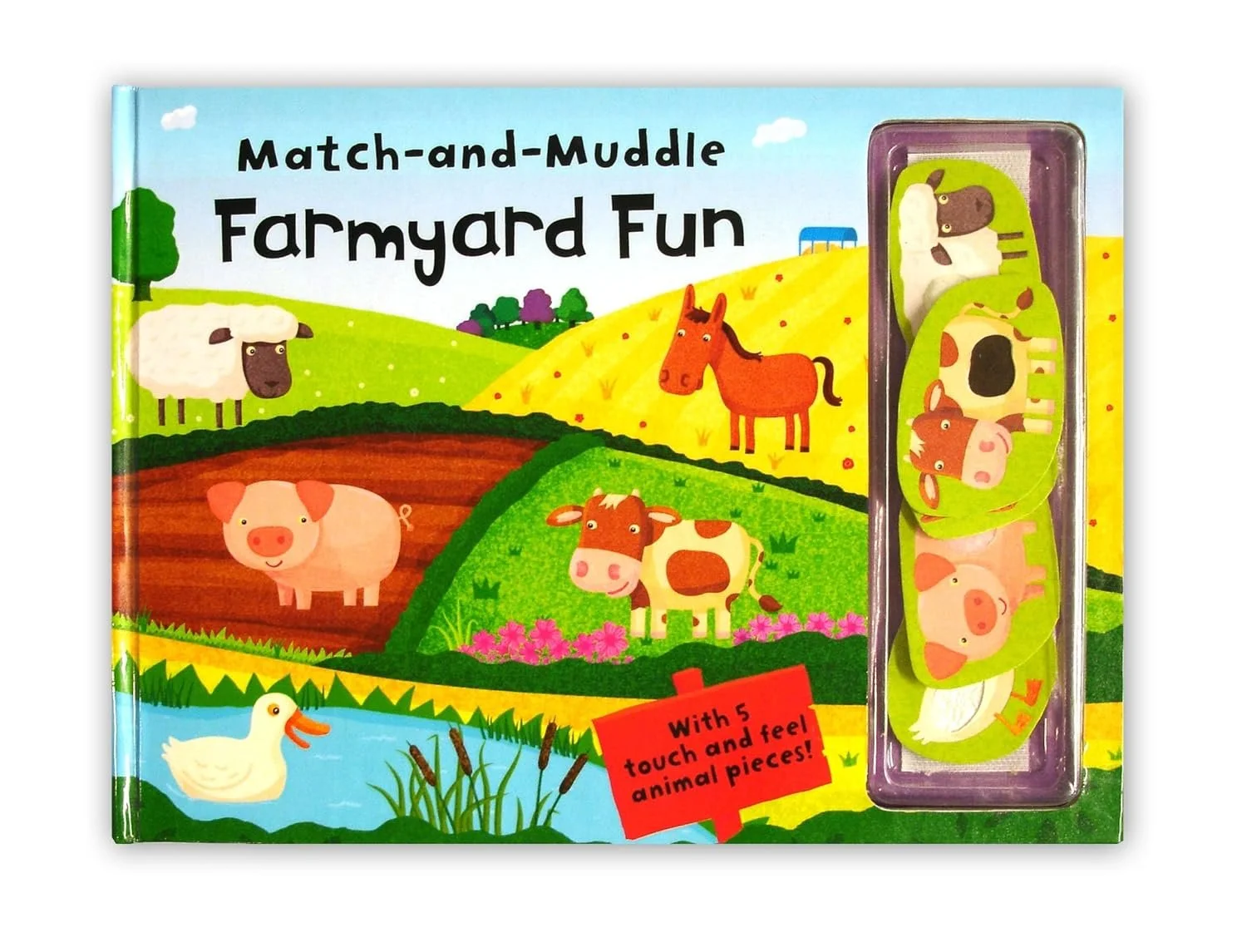 Children's interactive book titled "Match-and-Muddle Farmyard Fun" with illustrations of farm animals on the cover, including a sheep, pig, cow, horse, duck, and other animals, with a set of five animal-shaped felt pieces in a transparent plastic poc