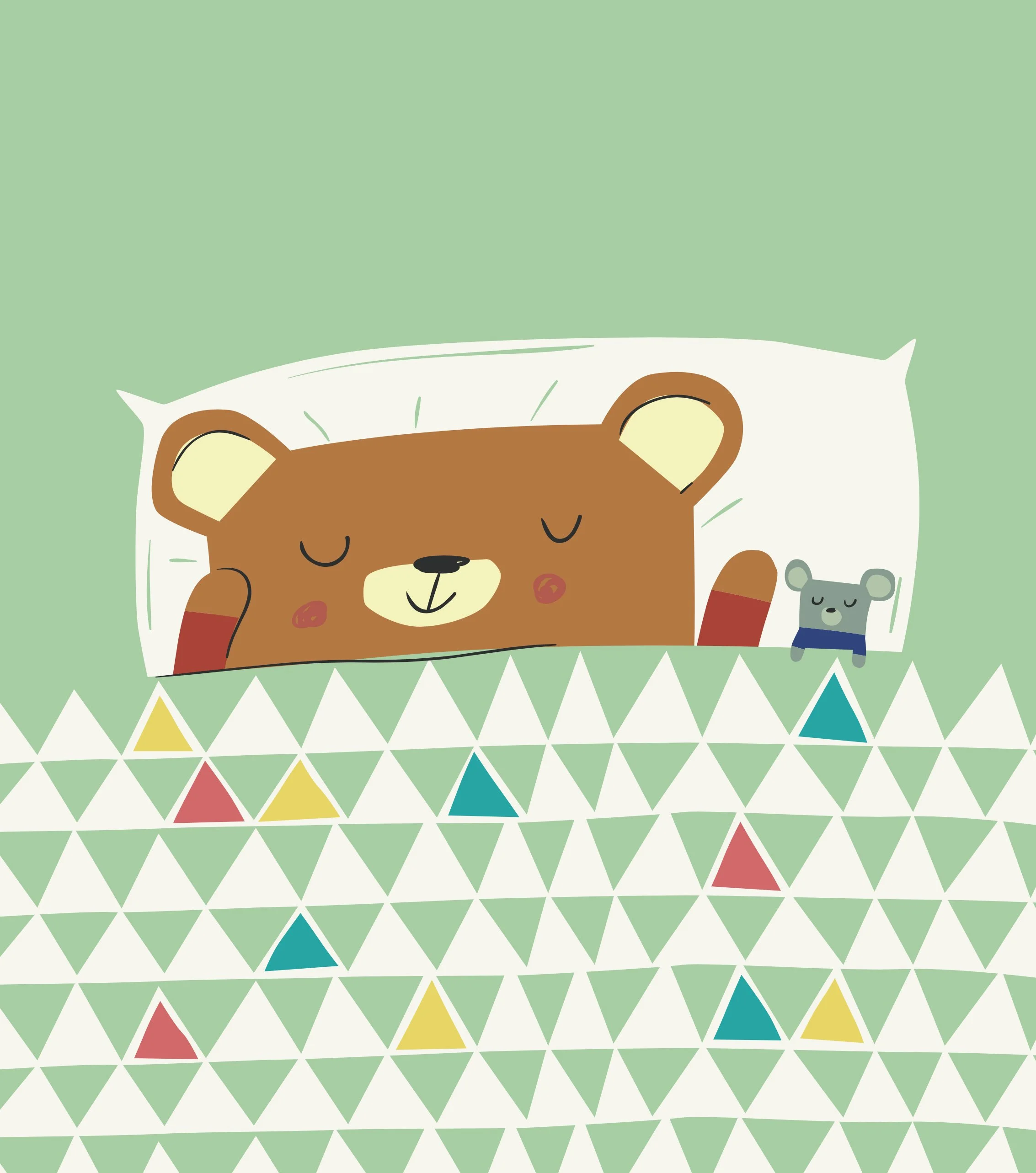 Cute illustration of a bear sleeping in bed with a pillow, covered by a blanket with a triangle pattern, and a small gray mouse sitting next to it.