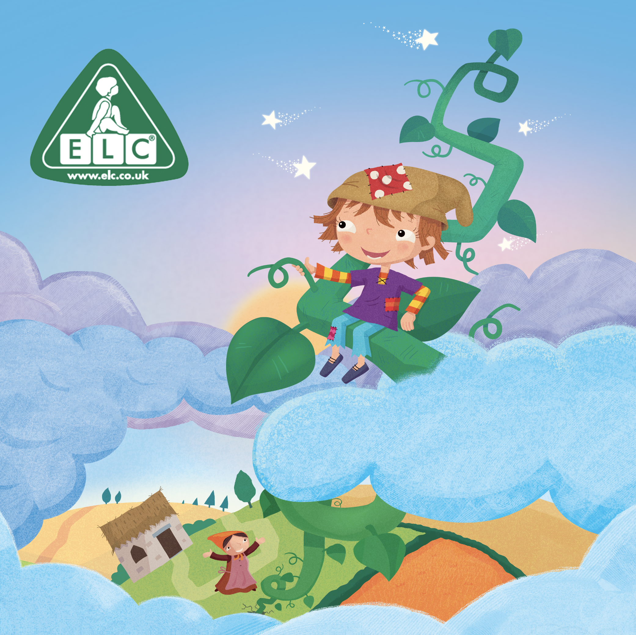 A cartoon of a girl sitting on a large green stem of a plant among clouds with a small house and another girl below, with stars in the sky and an ELC logo in the top left corner.