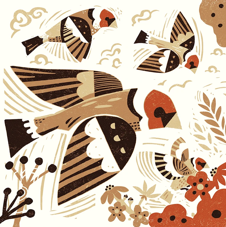 Stylized illustration of birds flying over flowers and foliage in earth tones