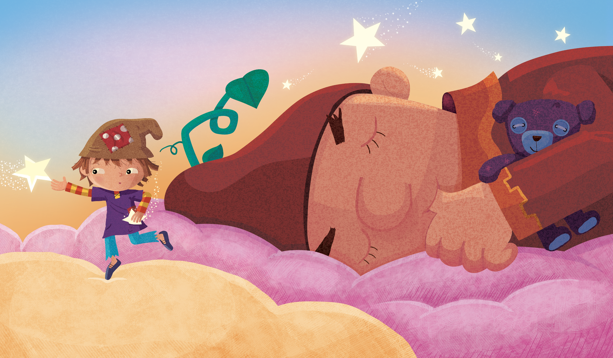 A child wearing a wizard hat and colorful clothes is floating on pink clouds, holding a shining star, with a large sleeping dog and a purple teddy bear nearby in a dreamy, starry sky background.
