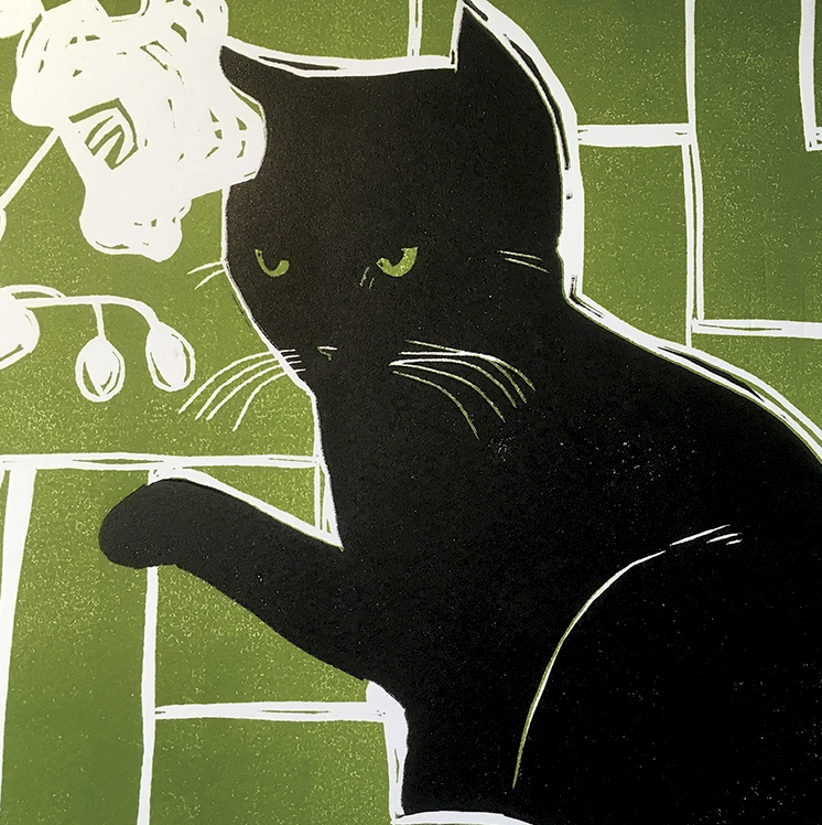 Silhouette of a black cat with green eyes looking out a window, with a green background and white outlines of flowers and window panes.