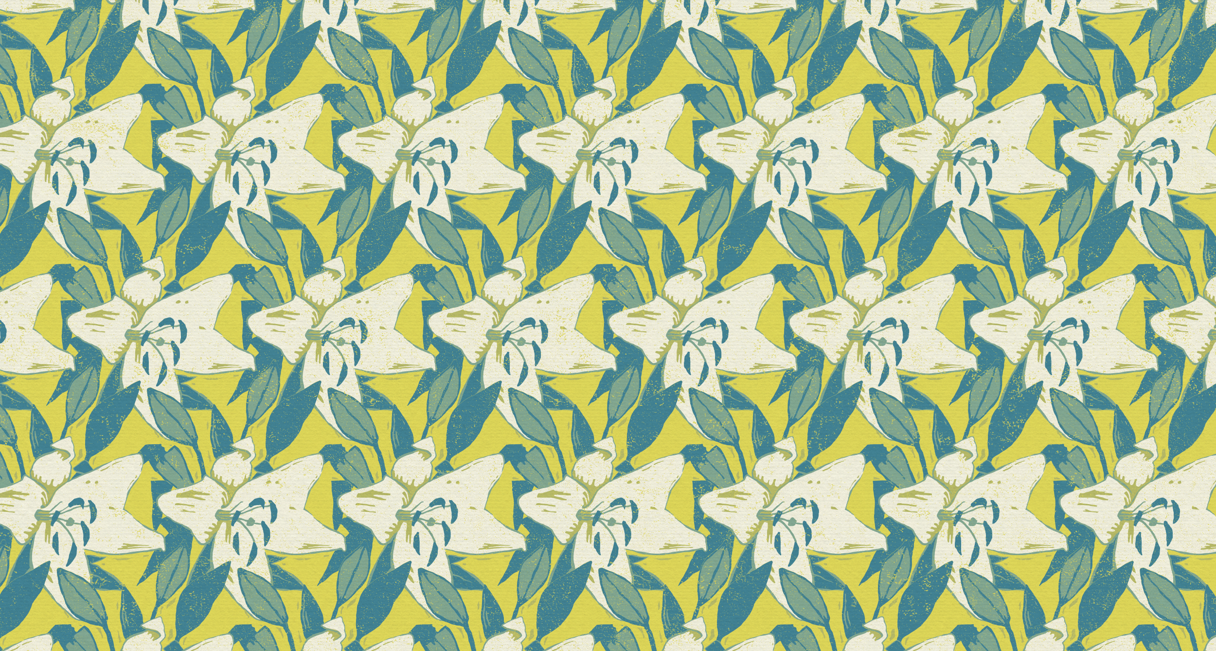 A repeating pattern of white lilies with yellow centers and green leaves on a yellow background.