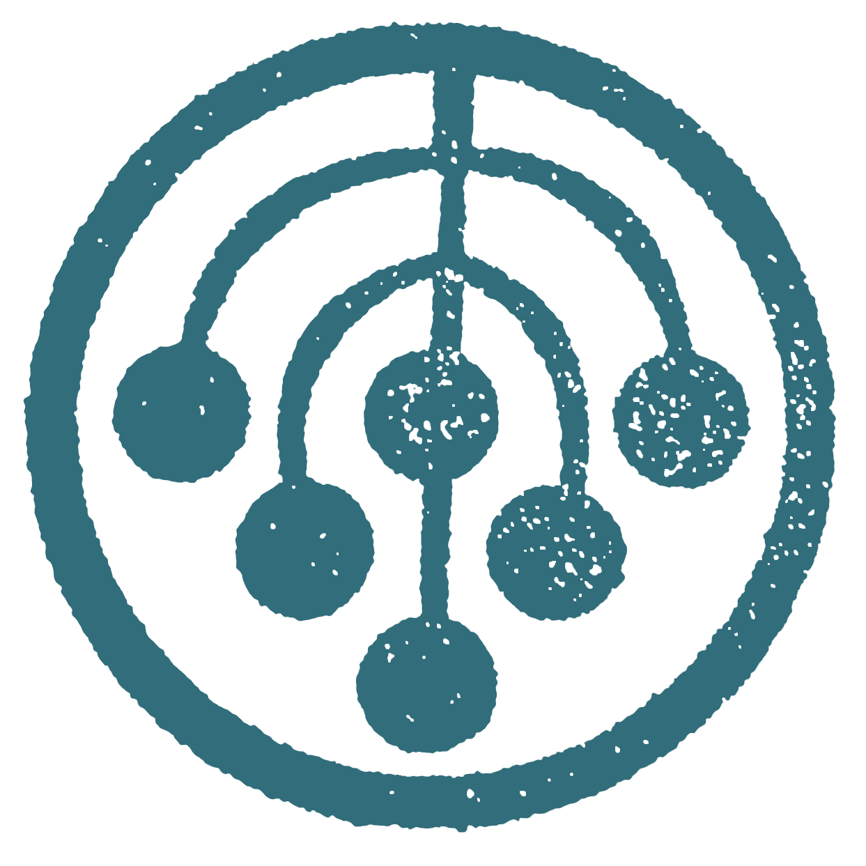 A blue circular emblem featuring concentric circles and five smaller circles connected by lines, resembling a stylized atom or molecular structure.