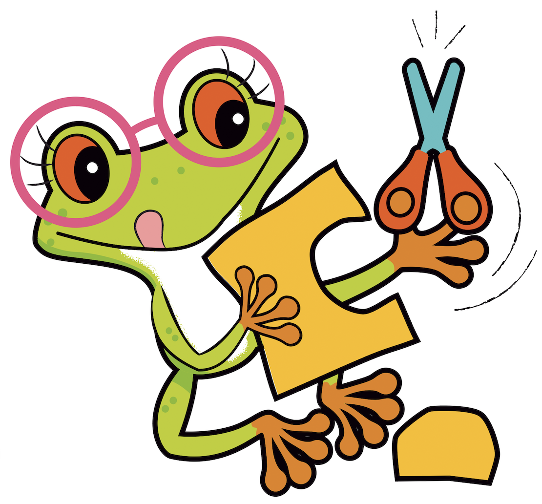 Cartoon illustration of a excited green frog wearing pink glasses, holding a pair of orange scissors and a yellow paper, with a piece of paper on the floor.