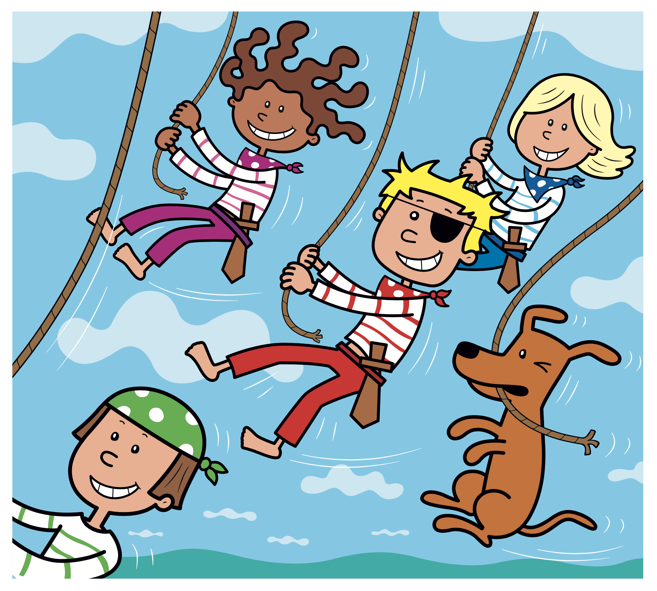 Four children dressed as pirates swinging on ropes in the sky, with a brown dog sitting on a cloud. The sky is blue with clouds, and the children are smiling and enjoying the adventure.