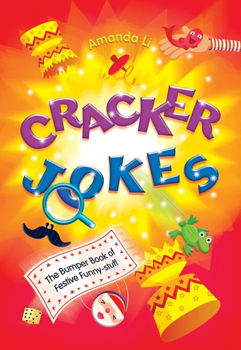 Colorful book cover titled 'Cracker Jokes' by Amanda Li, featuring illustrations of crackers, a mustache, a small green creature, a question mark with a face, a die, and a red hat, with a festive theme.
