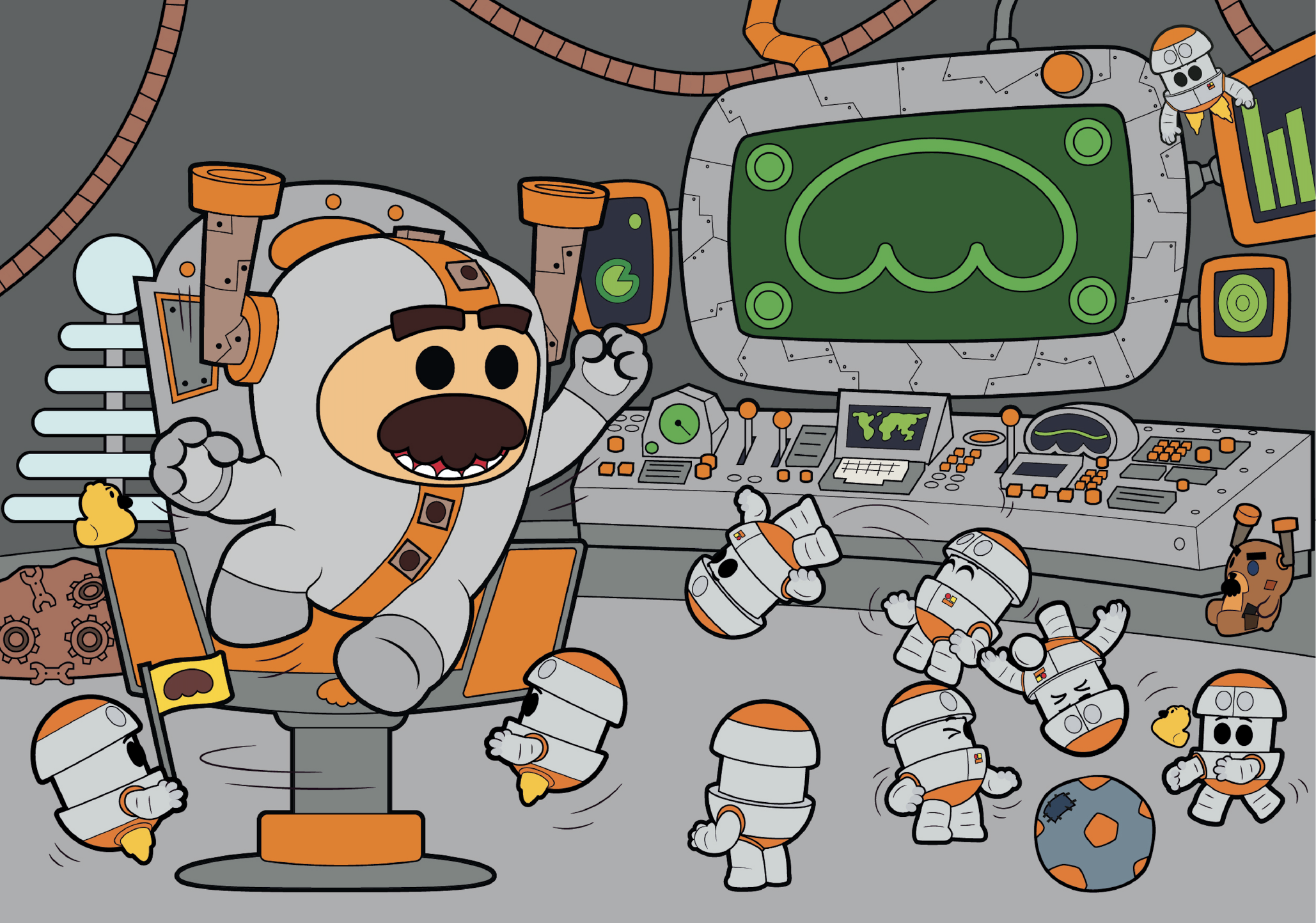 Cartoon astronauts, including one with a large mustache, in a spaceship control room with monitors and space-themed decorations. They are smiling and playing, some floating in zero gravity.