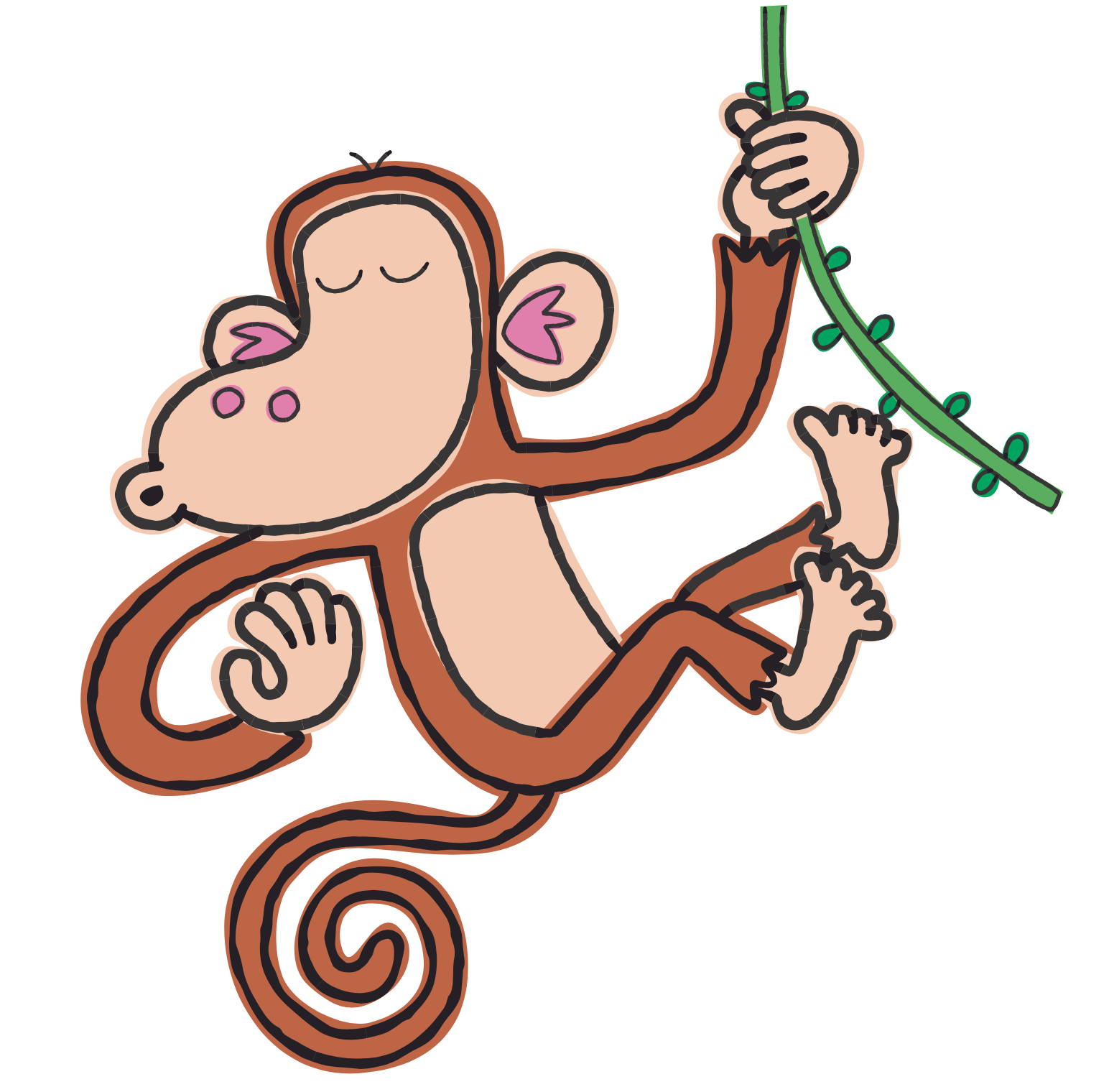 A cartoon monkey sleeping while holding a string of green Christmas lights.