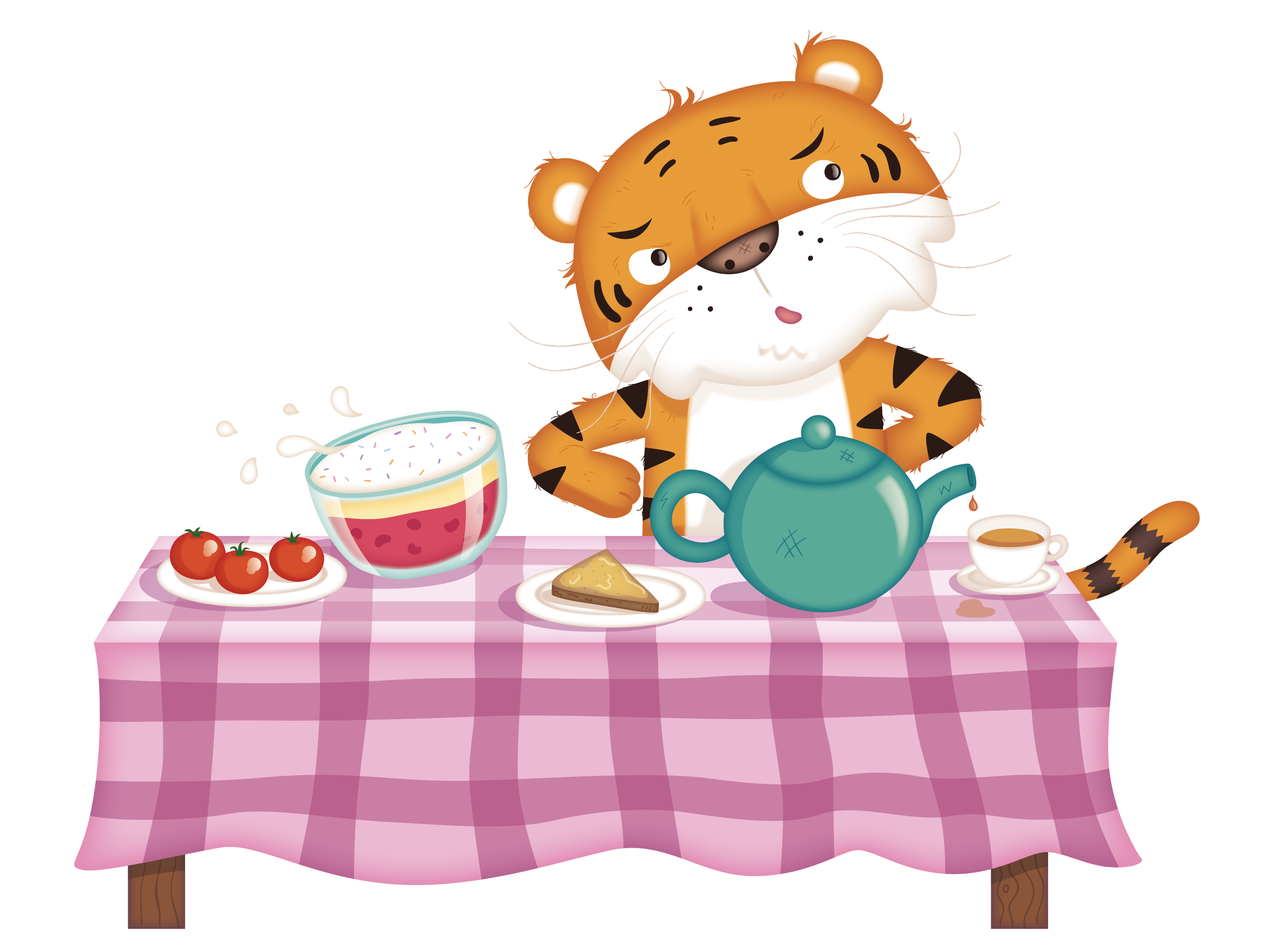 An animated tiger with a teapot sitting at a checkered pink and white table with a bowl of cereal, a plate of tomatoes, a slice of pie, and a cup of tea.