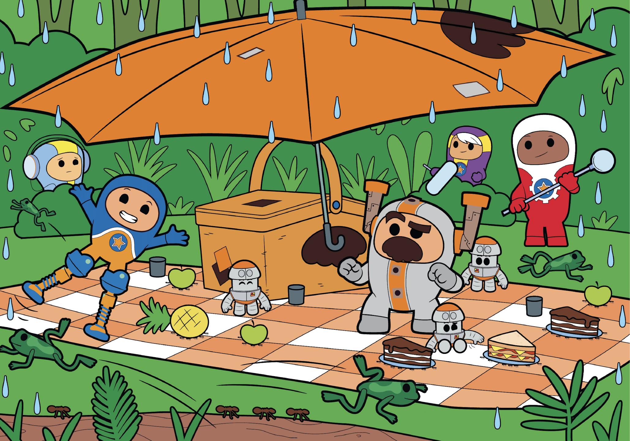 Cartoon characters from the game Brawl Stars having a picnic in the rain. The scene features a checkered picnic blanket, an umbrella, assorted fruits, snacks, and toy robots, all set in a lush green outdoor setting.
