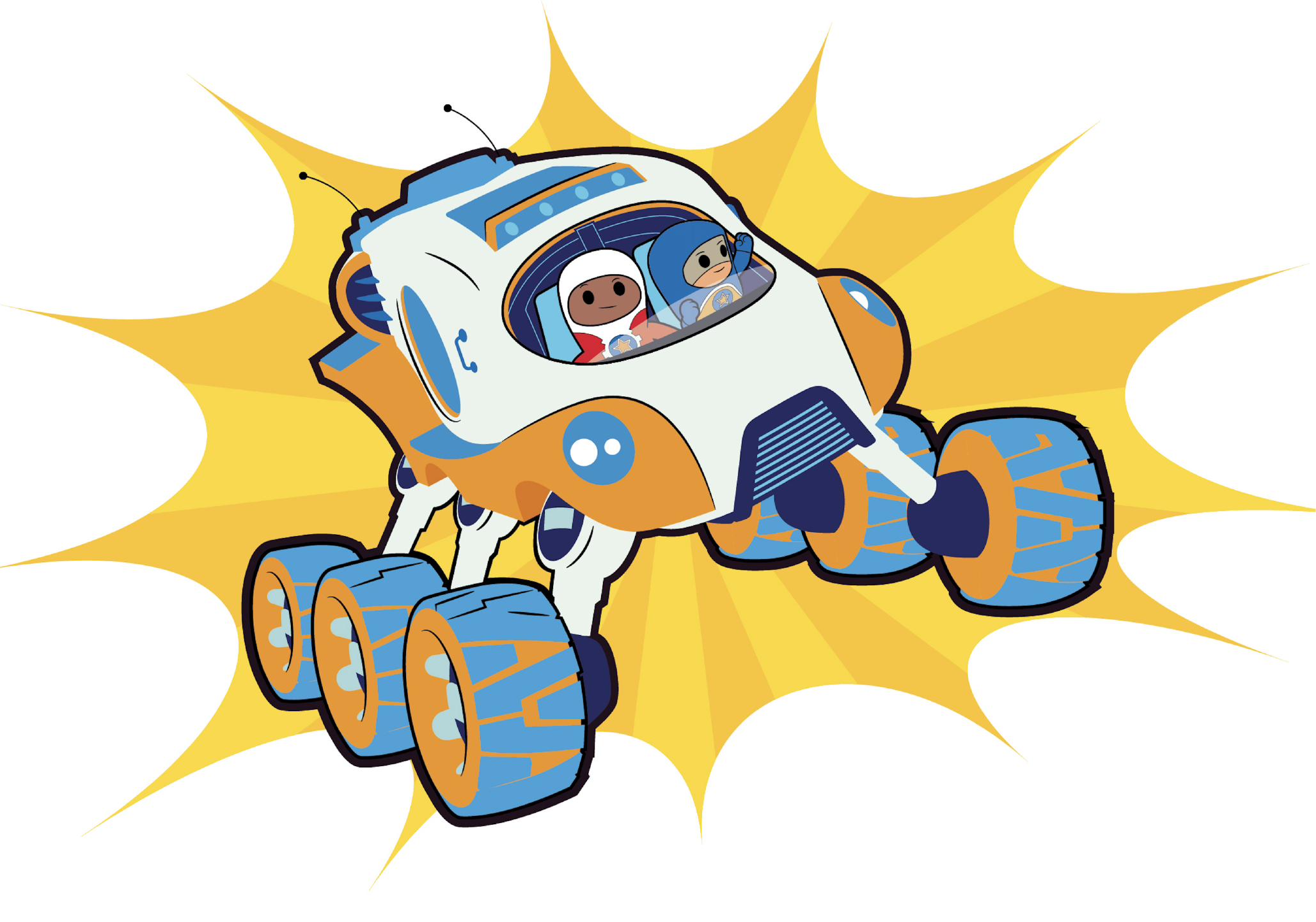 Cartoon of a lunar rover with two astronauts inside, moving through space with a yellow backdrop and white clouds.