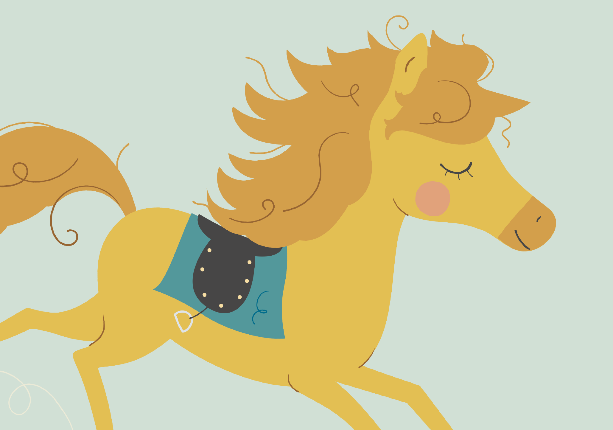 A cartoon yellow horse with a flowing mane, wearing a blue saddle with a black and white polka-dotted cloth, appears to be happily running or prancing with closed eyes and blush on its cheeks.