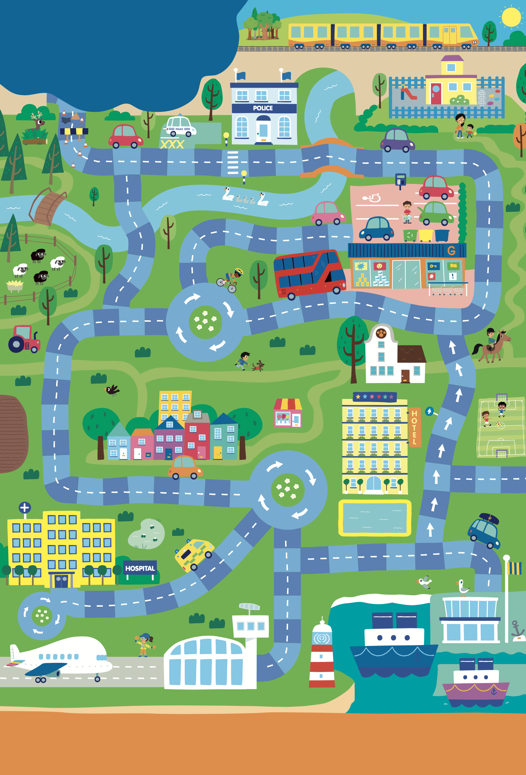 Colorful illustrated map showing a city with roads, a train, a police station, a playground, a house, a hospital, an airport, and ships in the water.