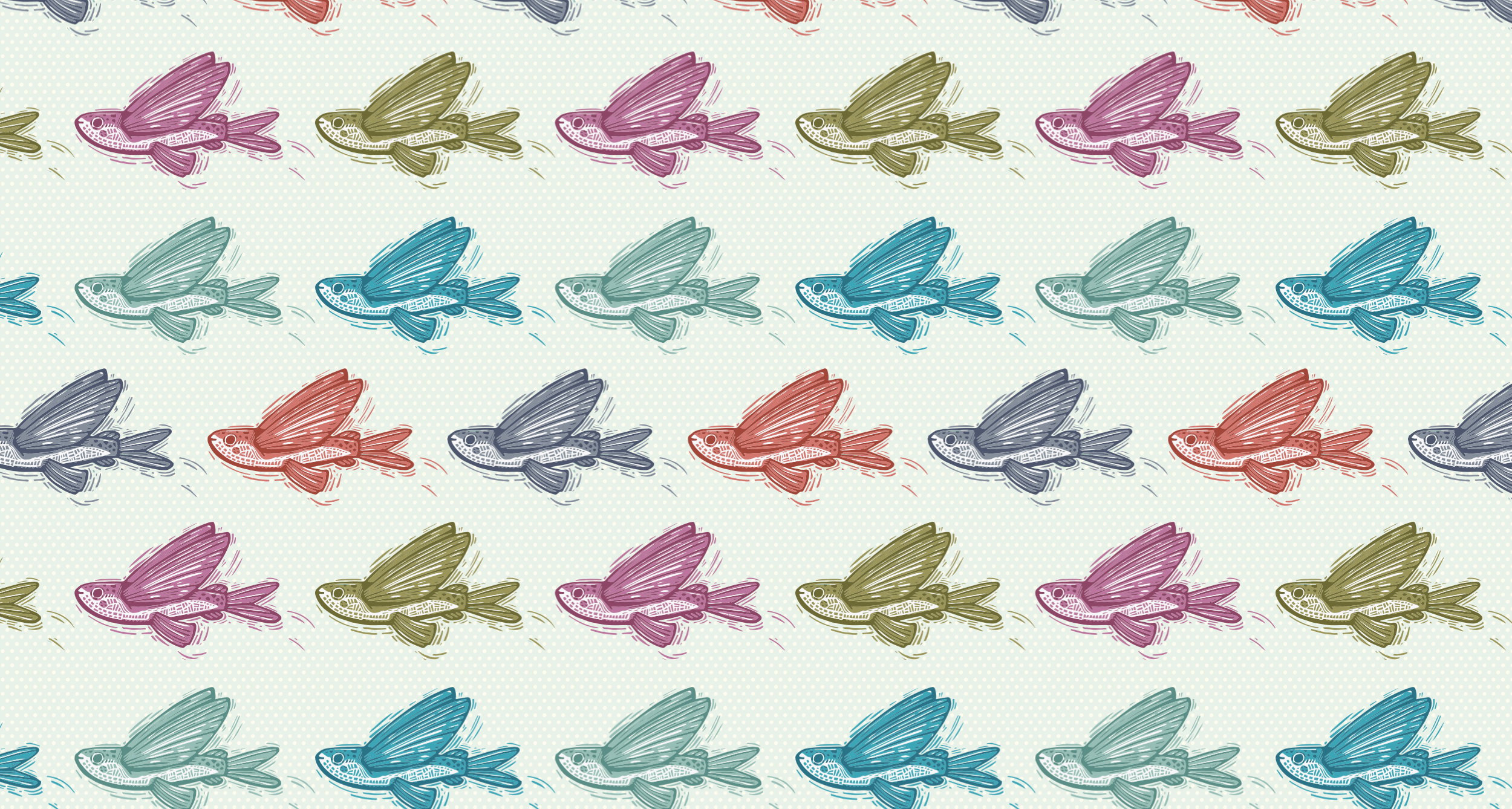 A repeating pattern of stylized fish illustrations in various colors, including purple, green, blue, red, gray, and pink, on a light green background with small dot patterns.