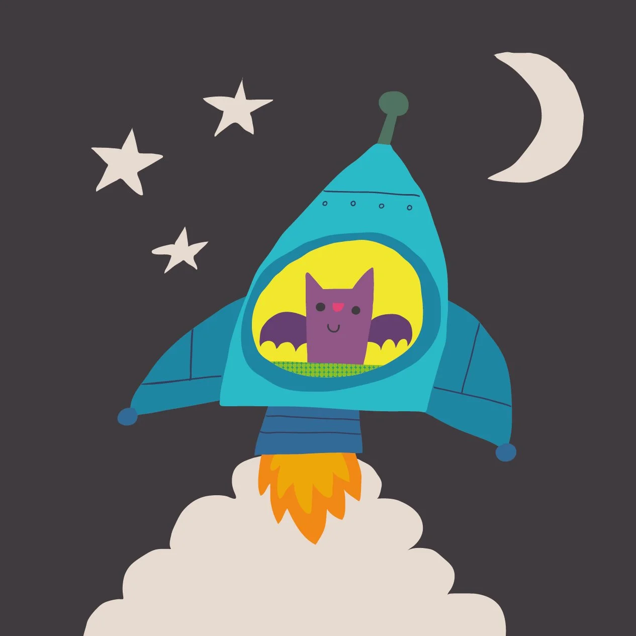 A cartoon rocket with a purple bat with a pink nose inside, flying against a night sky with stars and a crescent moon, with orange flames coming from its base.