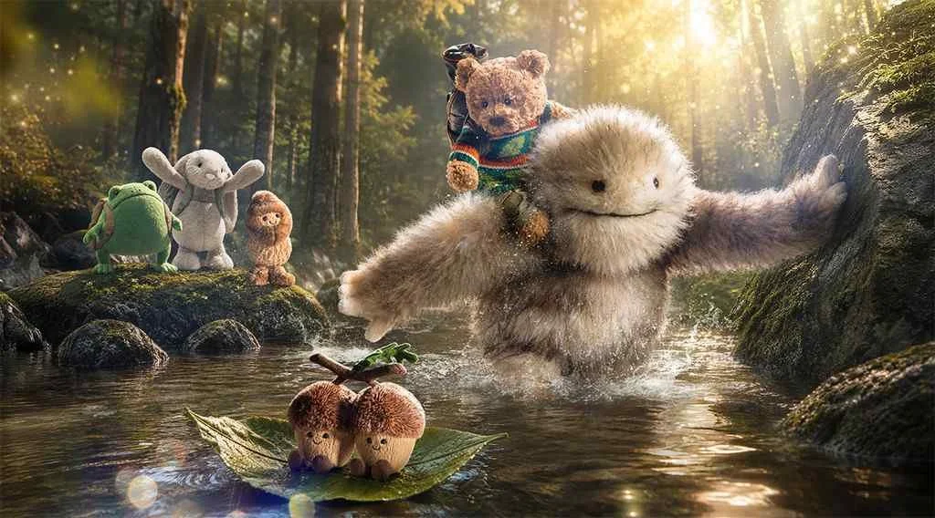 Jellycat Autumn adventure soft plush toys exploring the woodland, crossing a river.