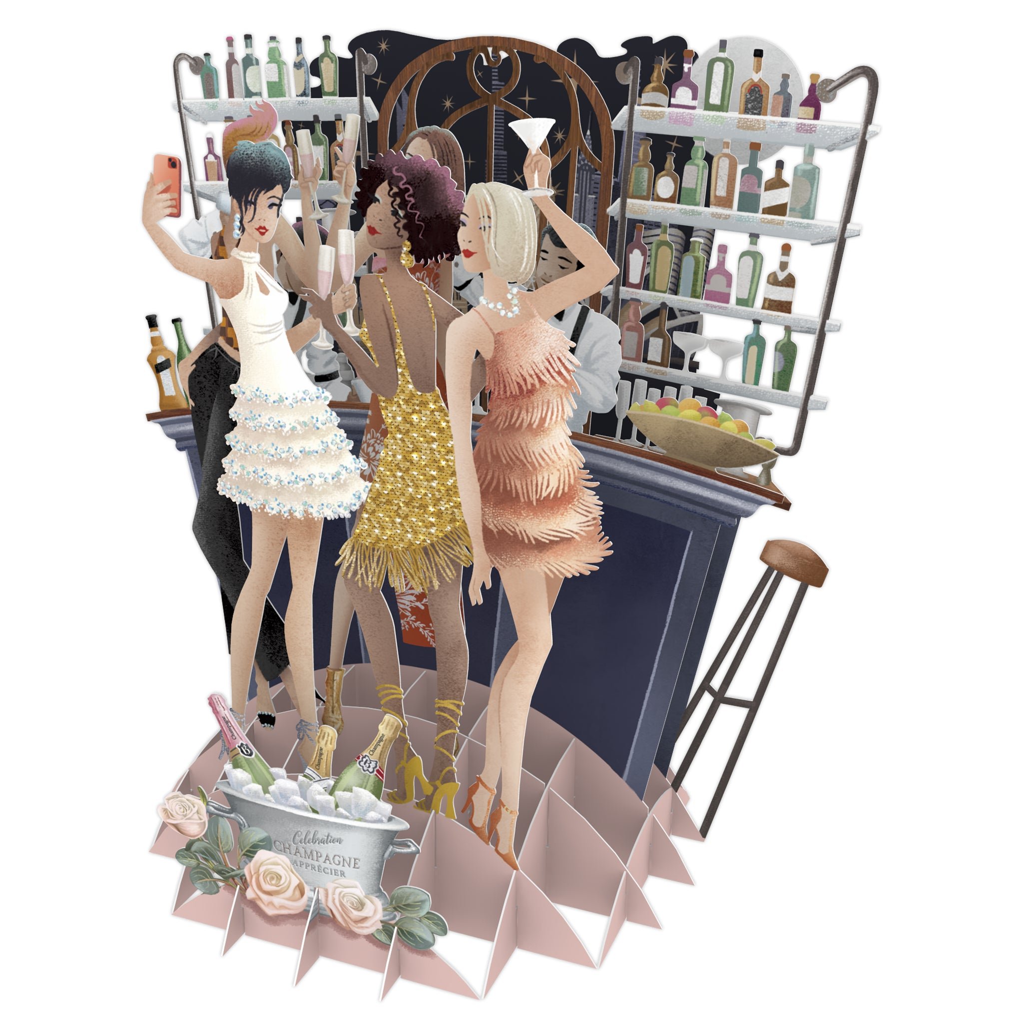'Champagne' Top of the World Pop Up Greetings Card by Me&McQ 3D Cards, Front View.