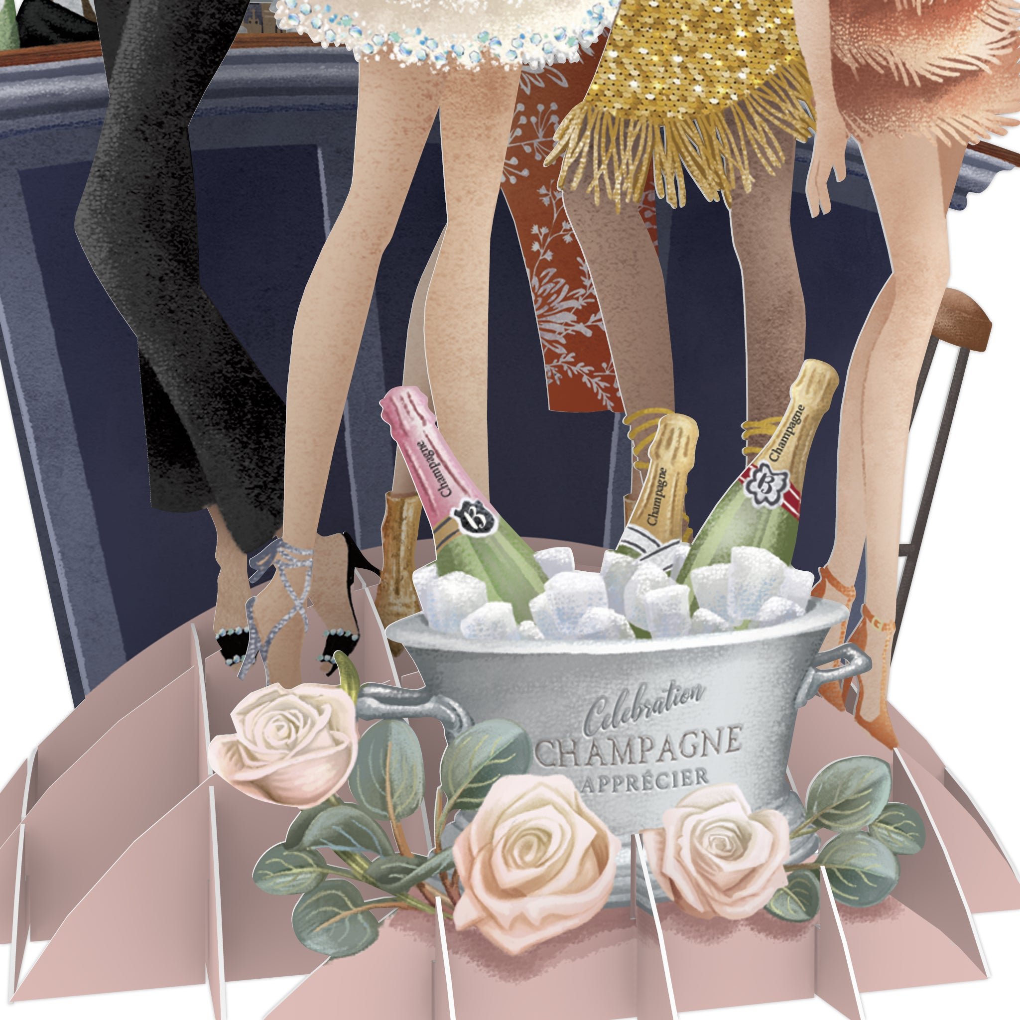 'Champagne' Top of the World Pop Up Greetings Card by Me&McQ 3D Cards, Detailed View.