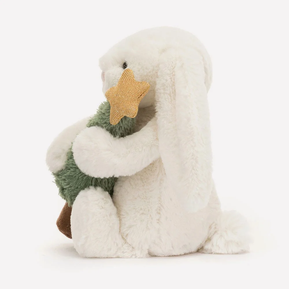 Bashful Bunny With Christmas Tree by Jellycat, Side View.