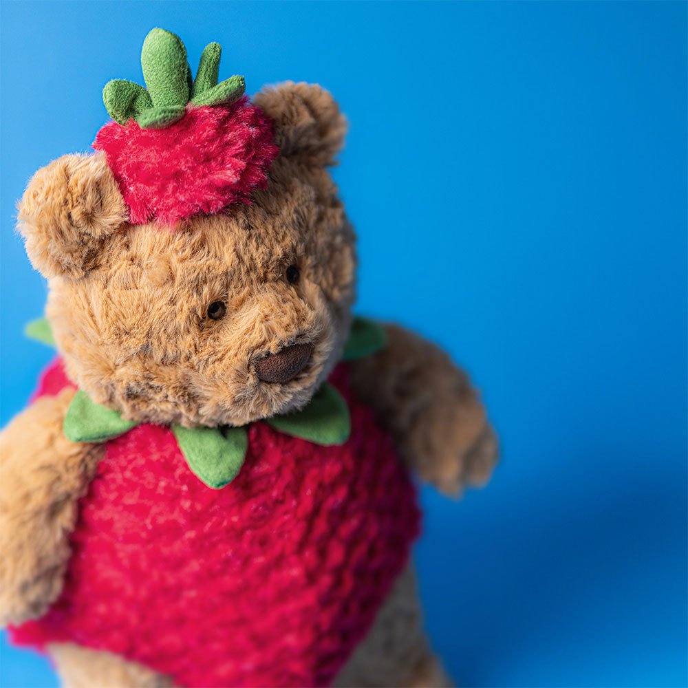 Bartholomew Bear Strawberry by Jellycat, Detail View.