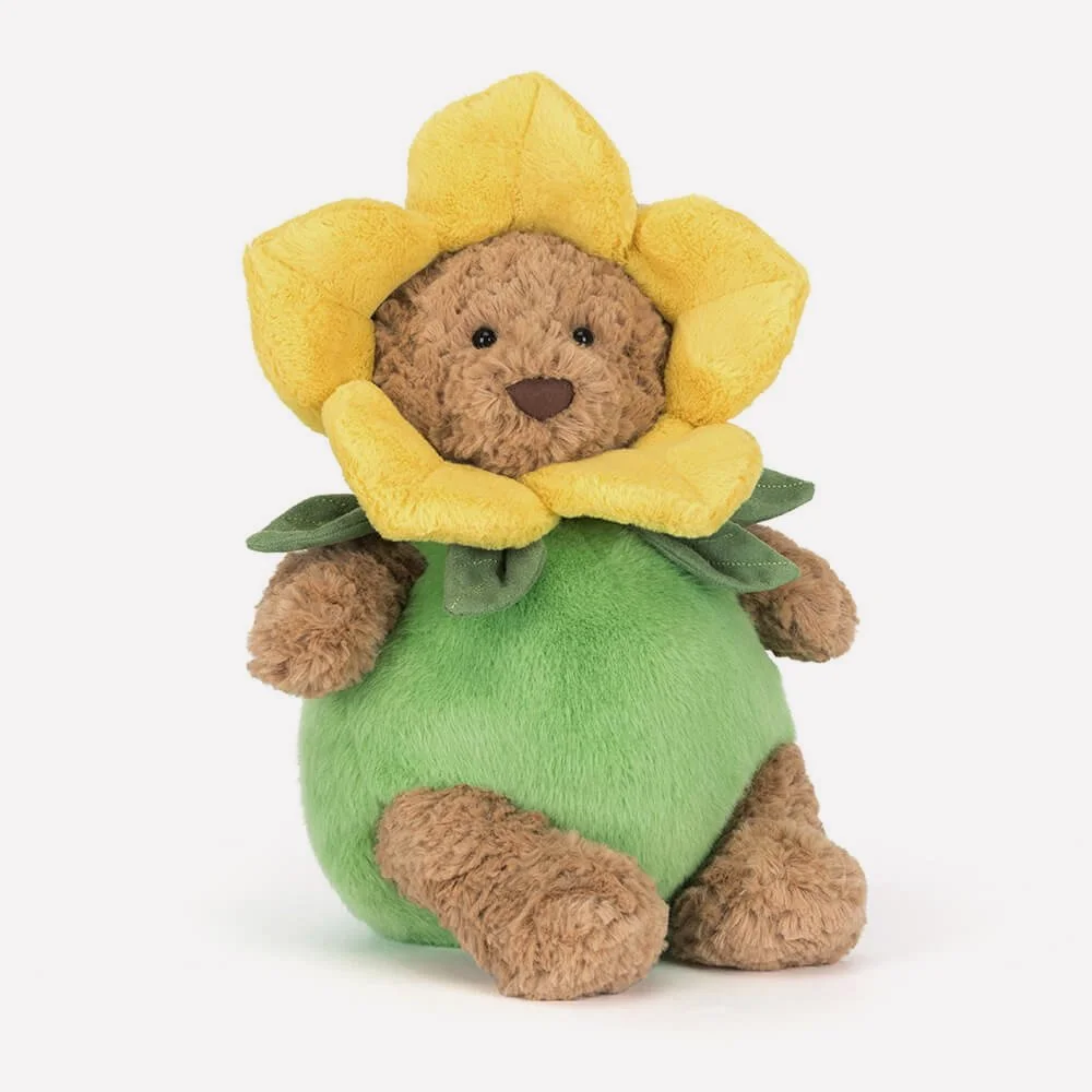 Jellycat Bartholomew Bear Daffodil Outfit, front side view.