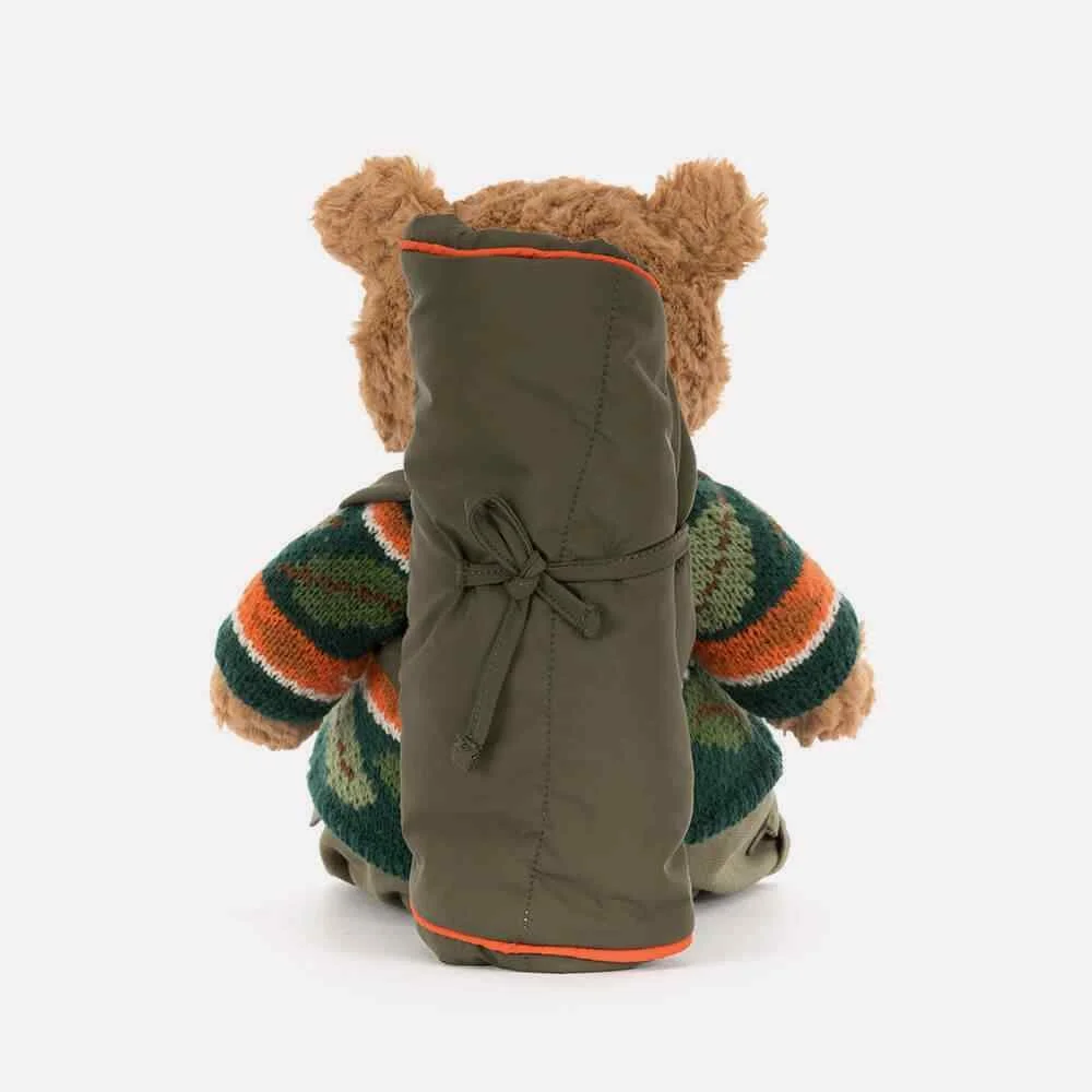 Bartholomew Bear Hiking Outfit by Jellycat, Back View.