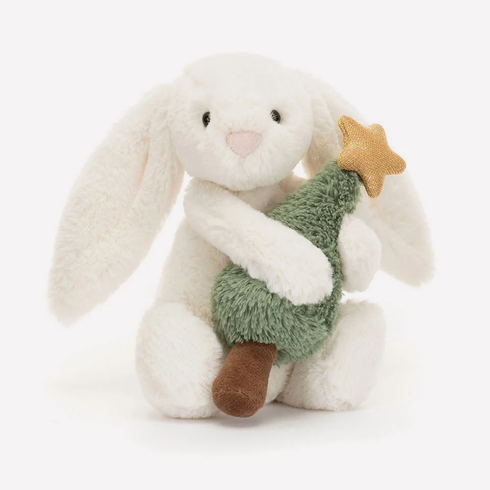 Bashful Bunny With Christmas Tree by Jellycat, Front View.