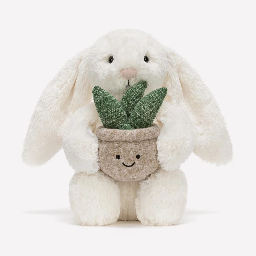 Cream Bunny With Plant by Jellycat, Front View.
